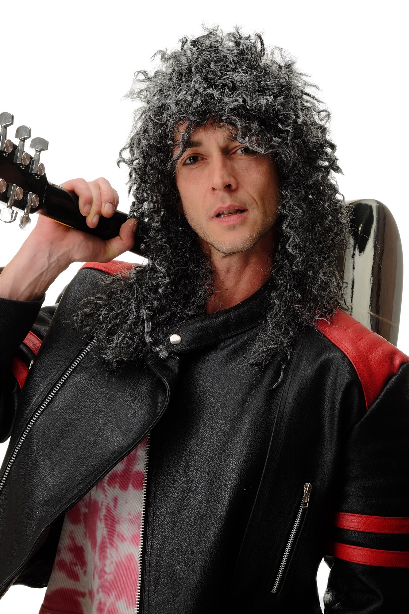 Wig Ladies Men Halloween Carnival curly wild long massive volume black with grey Hardrock Metal, front view, WIG ME UP: Your Perücken Online Shop Party Wig, Unisex, pitch black-silver gray mix, curled, long