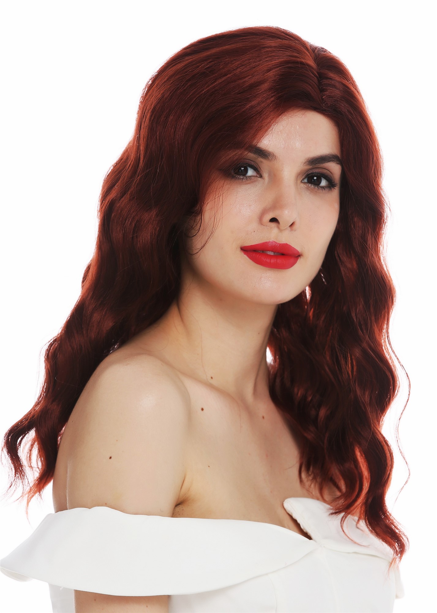 Lady wig long parting wavy waved Hollywood diva reddish brown auburn VK-58, front view, WIG ME UP: Your Perücken Online Shop Quality Wigs, Ladies, reddish brown, wavy, shoulder-length