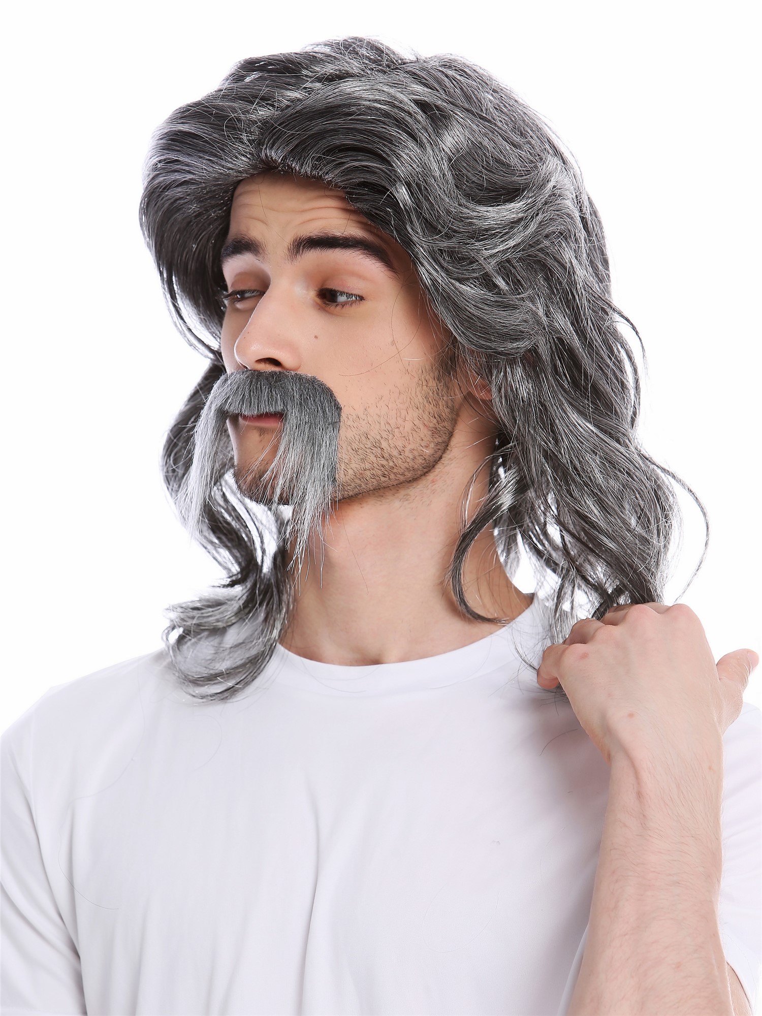 günstige Party Perücke, Perücke Bart Gallier Germane Grau 91098-ZA63/ZA103, Vorderansicht, WIG ME UP: Ihr Perücken Online Shop wellige Party Perücke Grau schulterlange Haare für Herren