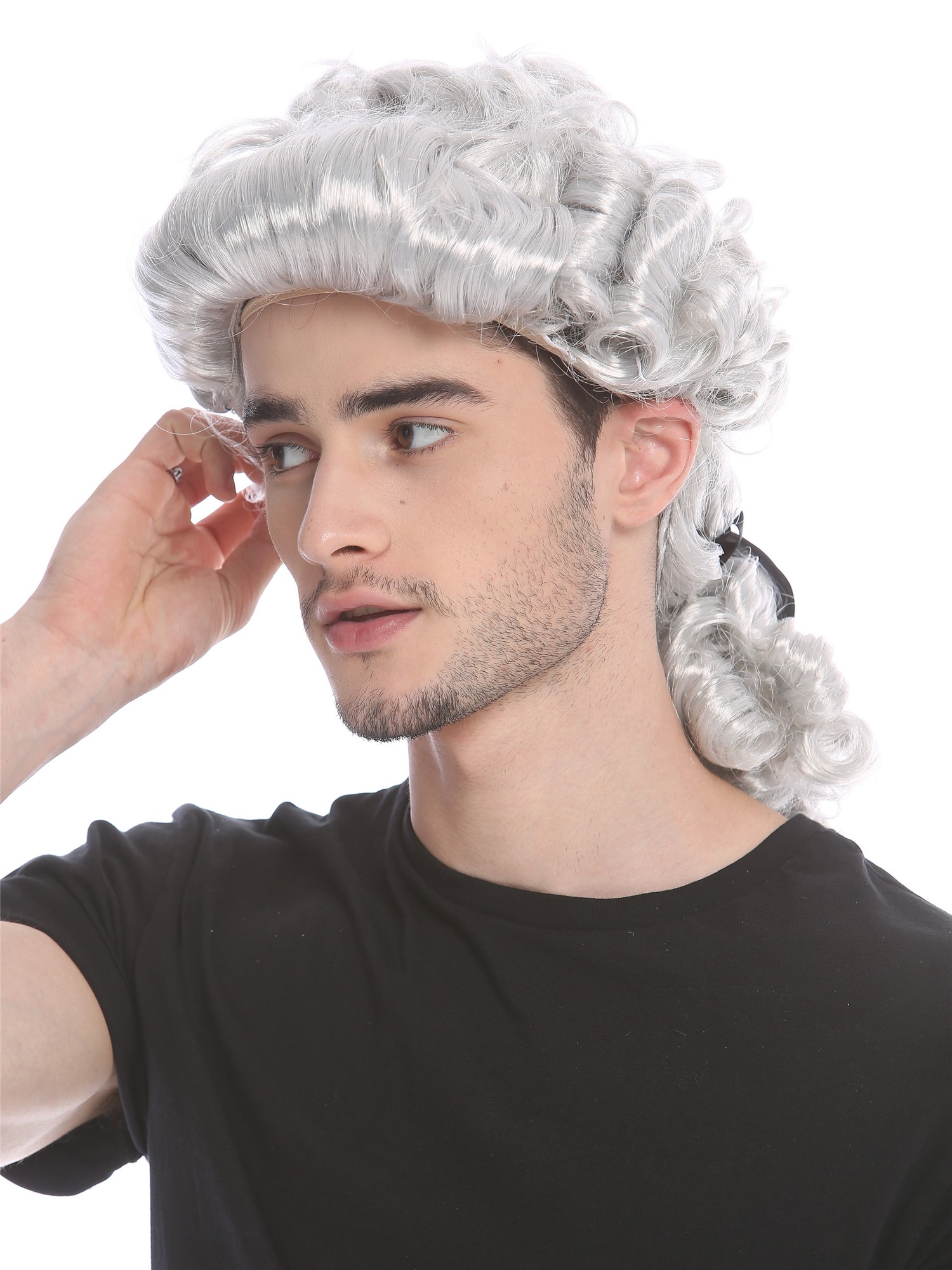 Man Lady Wig Baroque aristocrat lord curls long ponytail silver grey 910219, front view, WIG ME UP: Your Perücken Online Shop Party Wig, Men, Grey, curled, shoulder-length