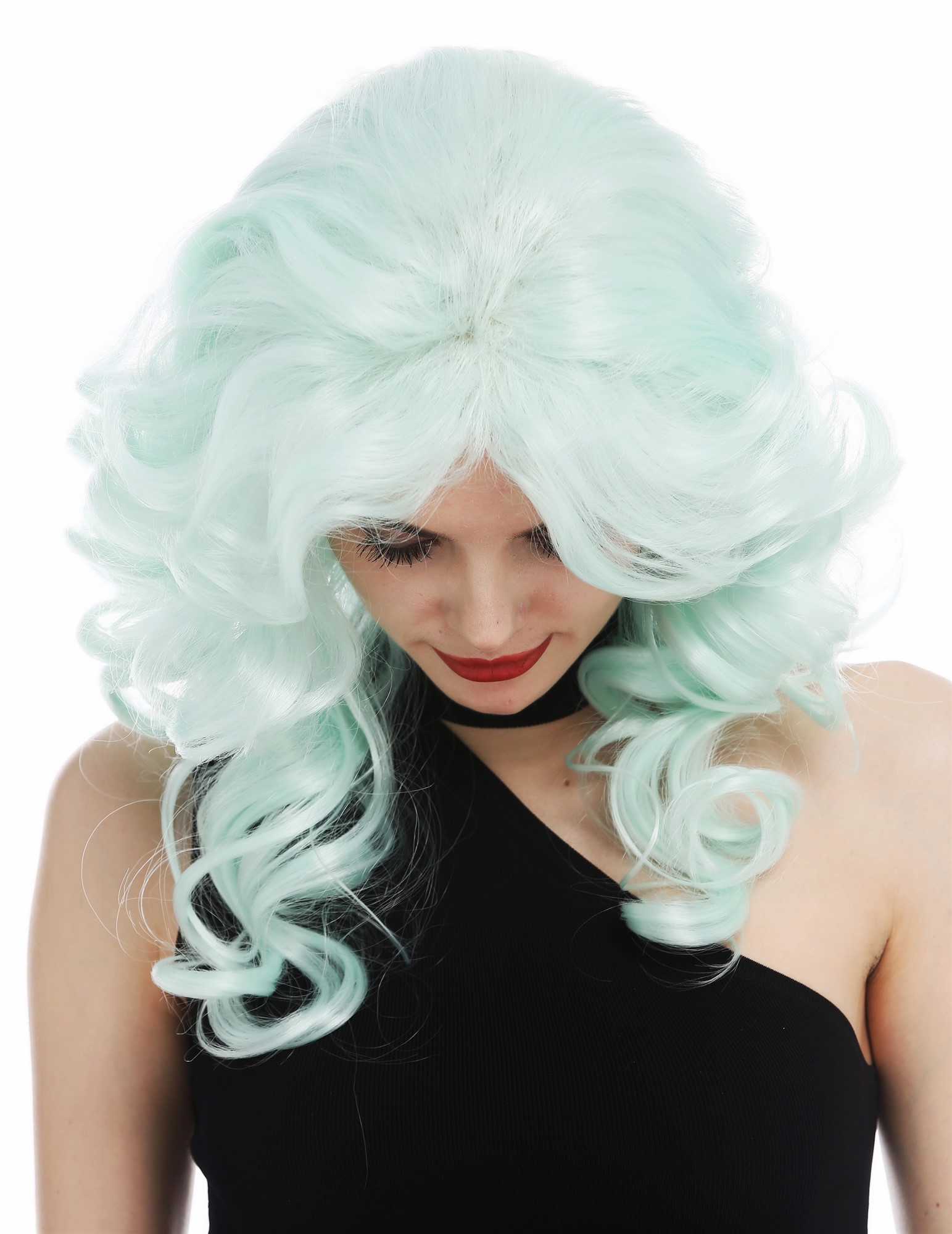 hochwertige Qualitätsperücken, Perücke Diva 80er Wellig Türkis Grün WL-3010-T5507, Ansicht 5, WIG ME UP: Ihr Perücken Online Shop lockige Tressen-Perücke Hellgrün schulterlange Haare für Damen