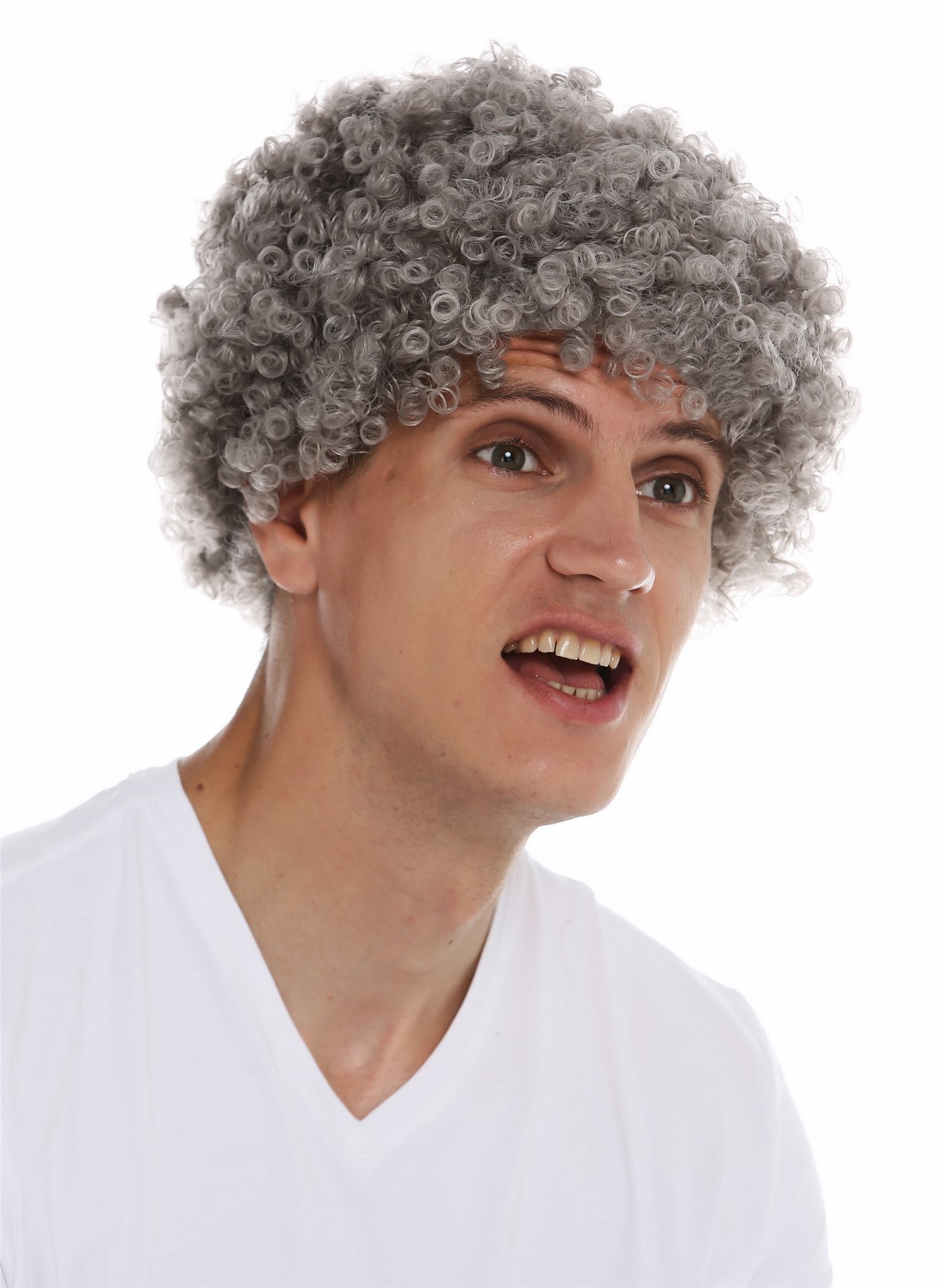 günstige Party Perücke, Perücke kraus Afro Locken grau Opa MMAM-9M-K686, Ansicht 4, WIG ME UP: Ihr Perücken Online Shop lockige Party Perücke Silbergrau kurze Haare Unisex