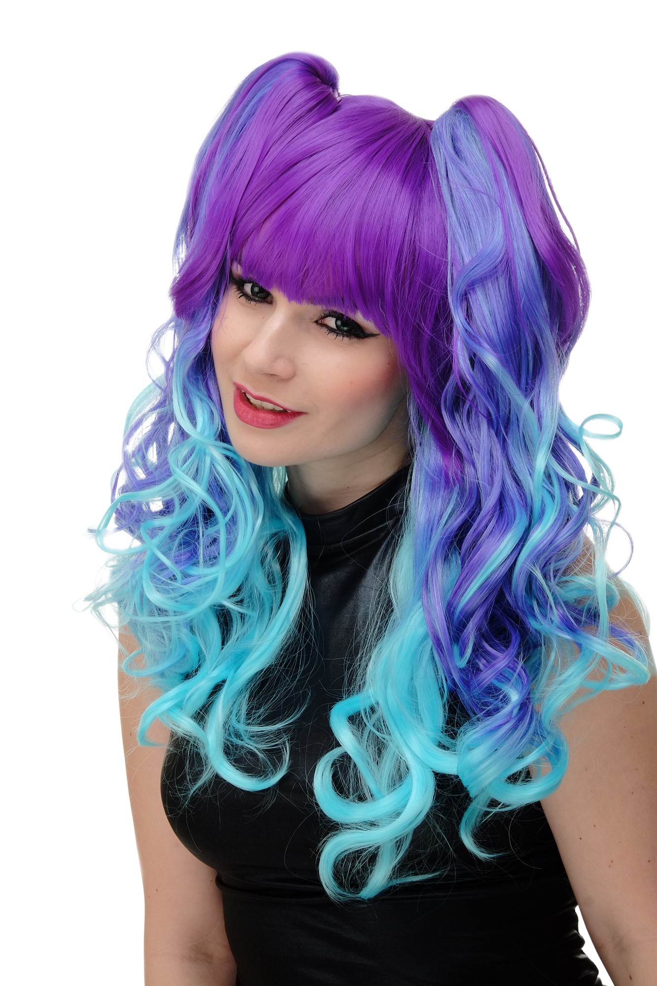 Lady Cosplay Wig long + 2 ponytails curled bangs ombre blue turquois YZF-7096+A, front view, WIG ME UP: Your Perücken Online Shop Quality Wigs, Ladies, Purple, curled, shoulder-length