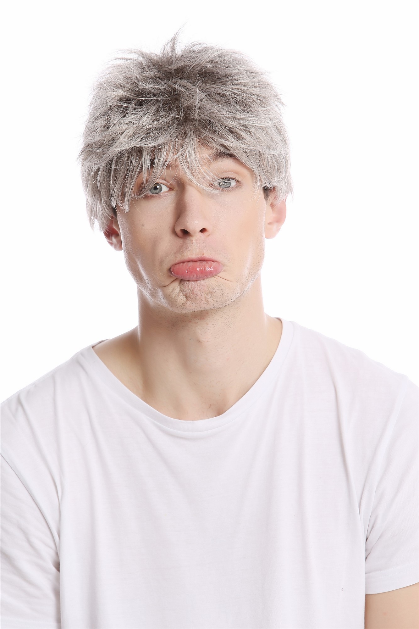 hochwertige Qualitätsperücken, Herren Perücke Wild Stürmisch-Struppig aufgestylt Kurz Hellgrau GFW1169-51, Ansicht 4, WIG ME UP: Ihr Perücken Online Shop wellige Tressen-Perücke Grau kurze Haare für Herren
