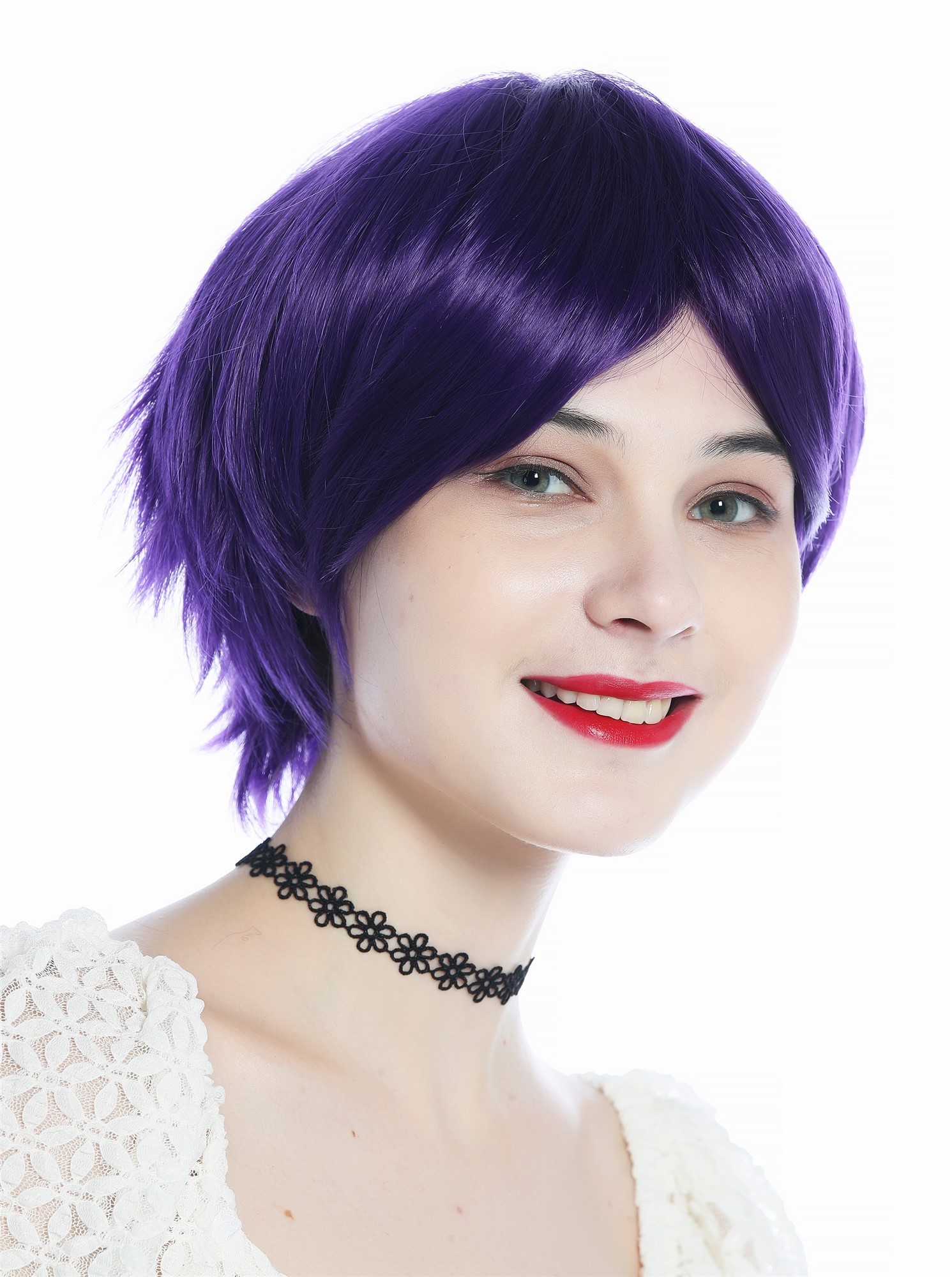 hochwertige Qualitätsperücken, Perücke kurz glatt Scheitel dunkel Violett Lila Mix Cosplay SZL0855-FP20/3737, Vorderansicht, WIG ME UP: Ihr Perücken Online Shop glatte Tressen-Perücke Dunkellila kurze Haare für Damen