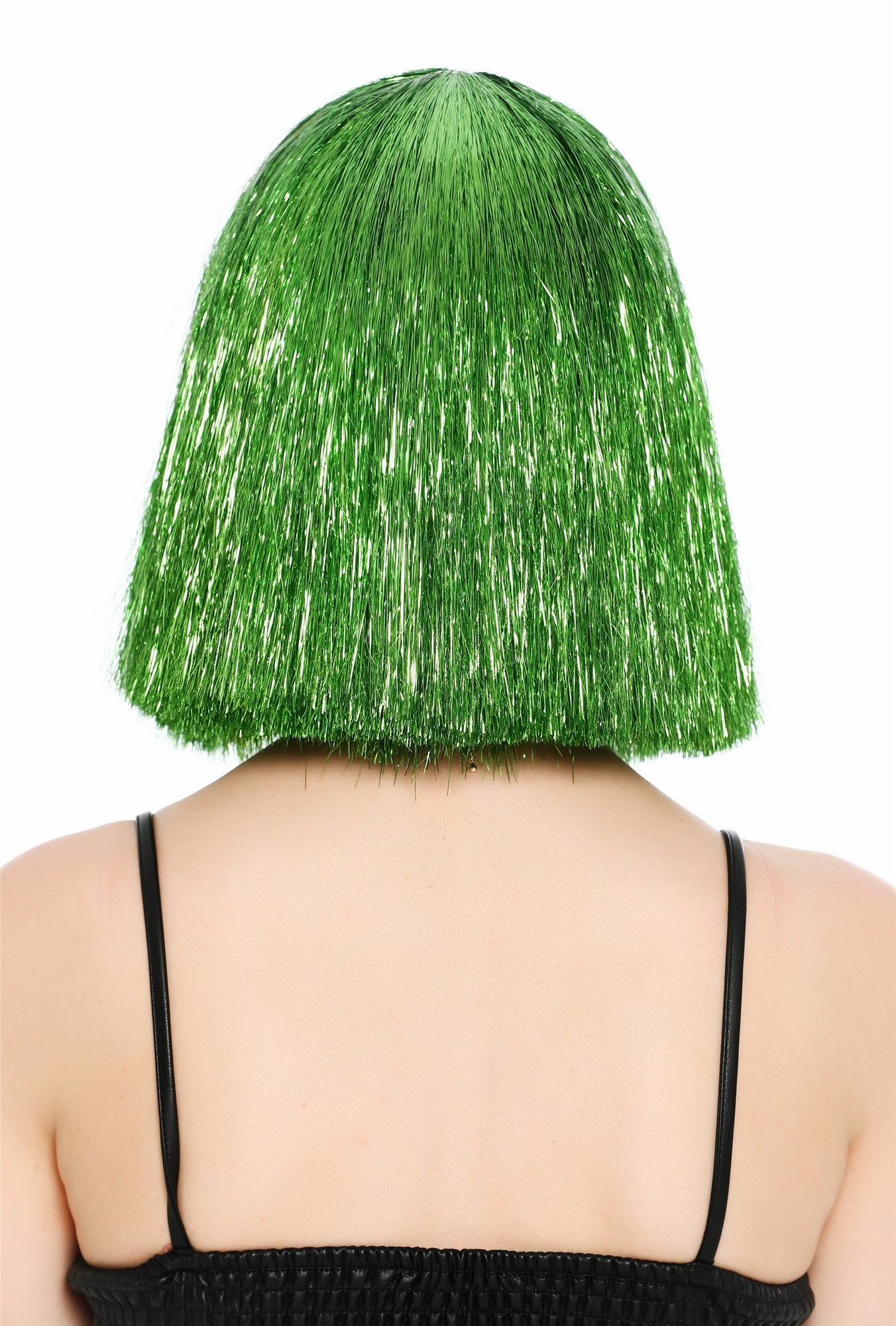Perücke Damen Glitzer Lametta Tinsel Look Longbob Pony Disco Glam Grün VK-42-TN11