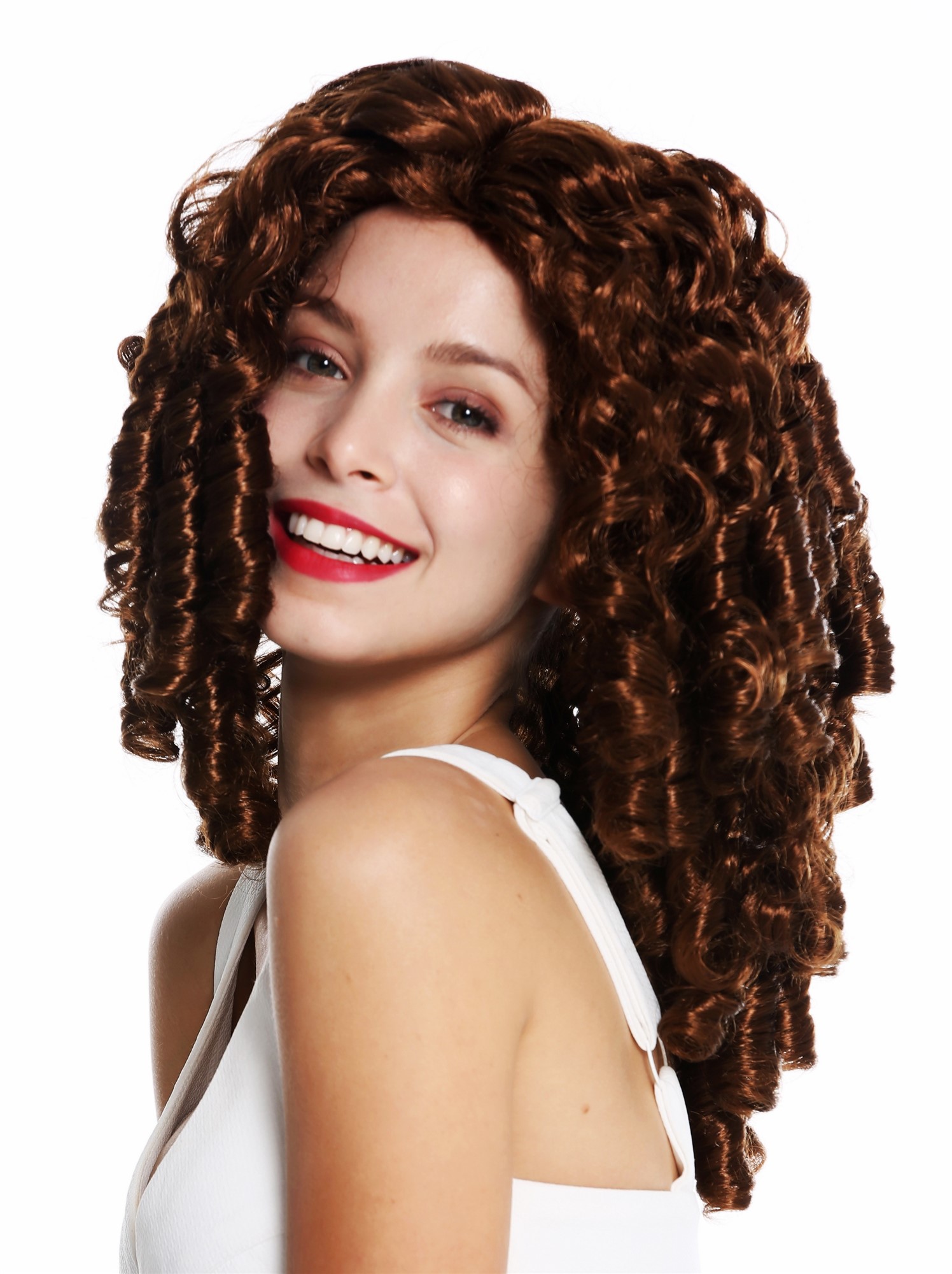 günstige Party Perücke, Perücke Korkenzieher-Locken lang Braun 91056-1-ZA6A, Ansicht 2, WIG ME UP: Ihr Perücken Online Shop lockige Party Perücke Mittelbraun lange Haare für Damen