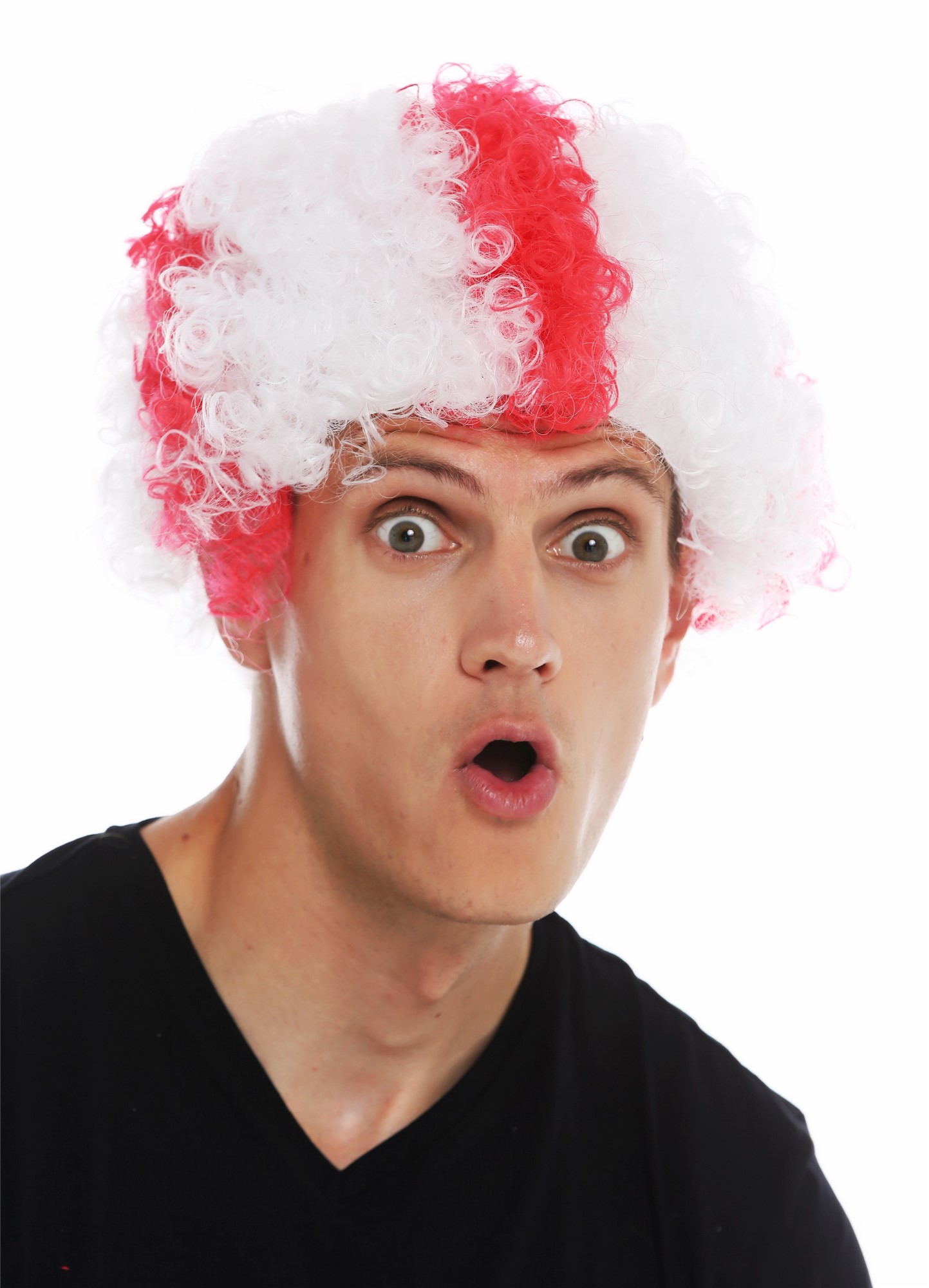 günstige Party Perücke, Perücke Fan Afro England Rotes Kreuz auf Weiß MMAM-15M-K06+K120B, Ansicht 4, WIG ME UP: Ihr Perücken Online Shop lockige Party Perücke Rot-Weiß-Mix kurze Haare Unisex