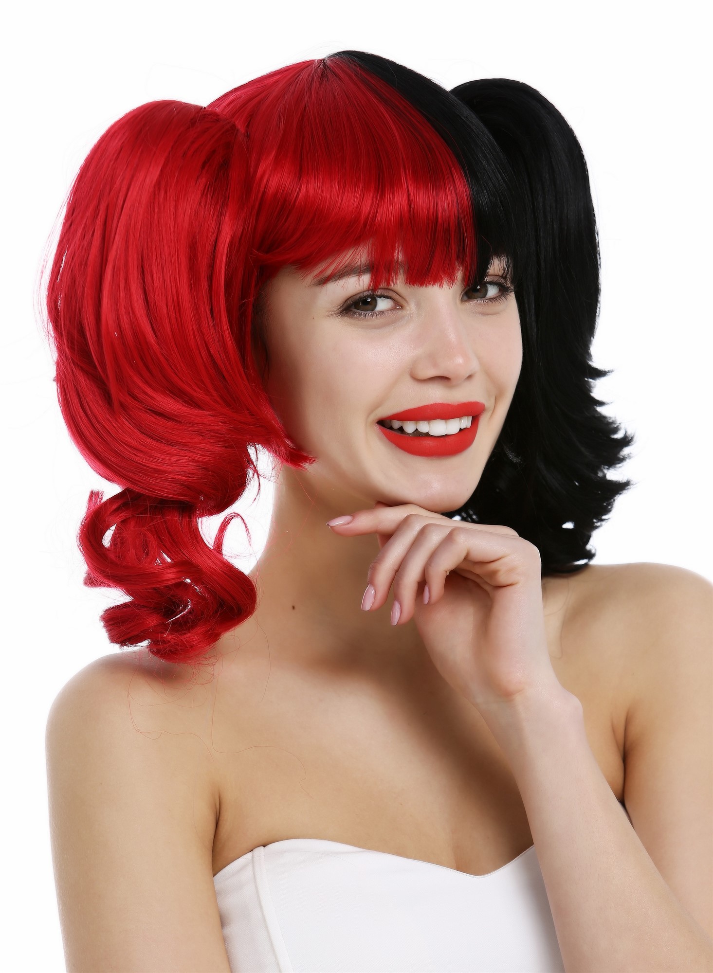 Lady wig set Gothic Lolita Harlequin 2 long wavy pigtails half red back ZM-1189, view 5, WIG ME UP: Your Perücken Online Shop Quality Wigs, Ladies, black-red mix, curled, short