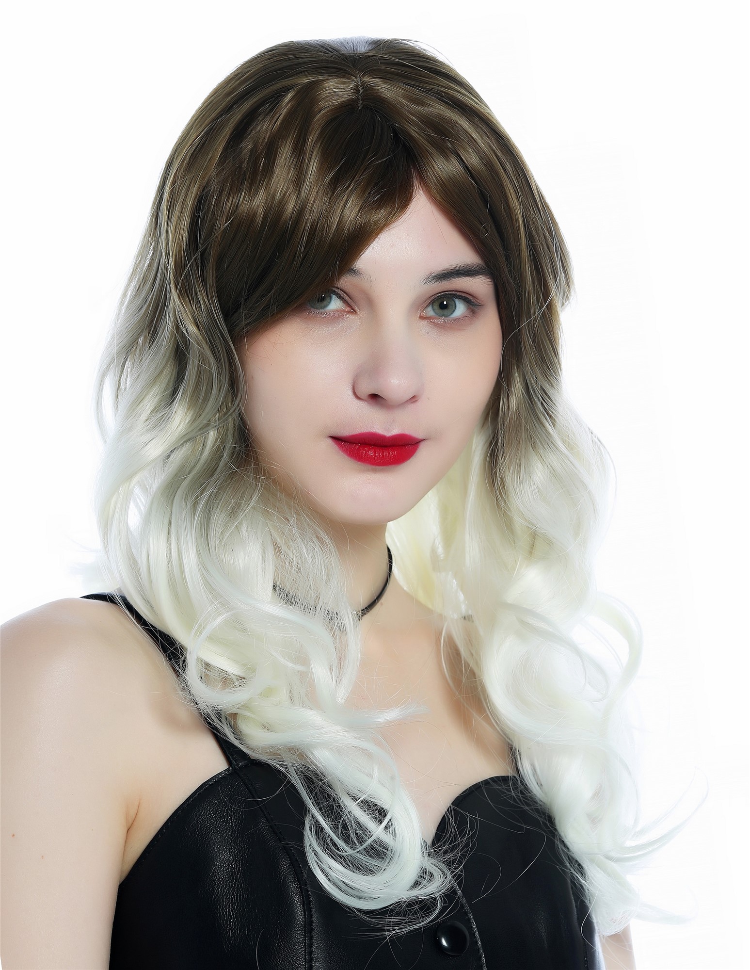 Ladies Women's Wig long slightly curled ombre brown to platinum ZM-1007, front view, WIG ME UP: Your Perücken Online Shop Quality Wigs, Ladies, matte brown-platinum blonde gradient, curled, long