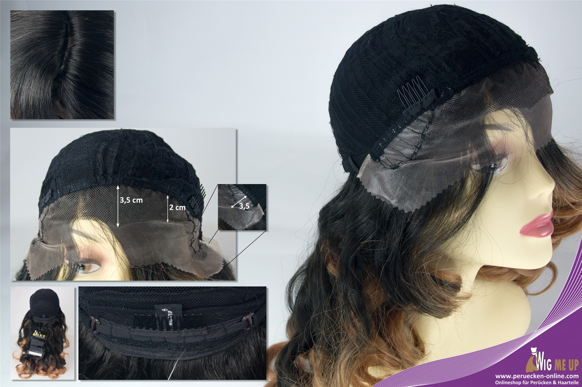 hochwertige Qualitätsperücken, Perücke Lace-Front Mono Locken Ombre Schwarz Kupfer DW-2163-LF-B-27CYS2, Ansicht 5, WIG ME UP: Ihr Perücken Online Shop lockige Tressen-Perücke mit Kopfhaut-Imitat mit Kopfhaut-Imitat und Front-Lace Erdbeerblond-Schwarzbraun-Mix lange Haare für Damen