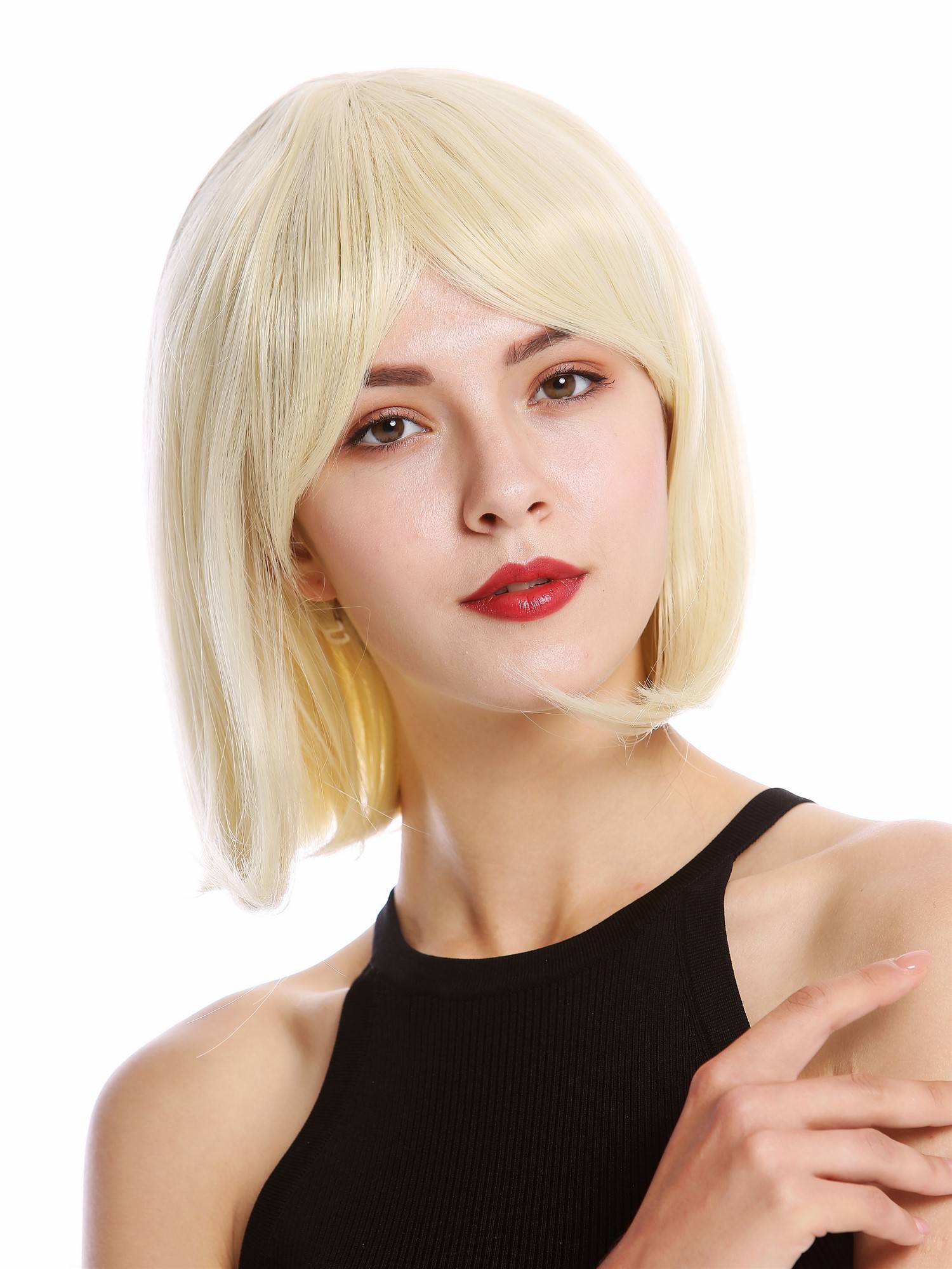hochwertige Qualitätsperücken, Perücke kurz Longbob Pony glatt Hellblond YZF-4366-613C, Ansicht 2, WIG ME UP: Ihr Perücken Online Shop glatte Tressen-Perücke mit Kopfhaut-Imitat Hellblond kurze Haare für Damen