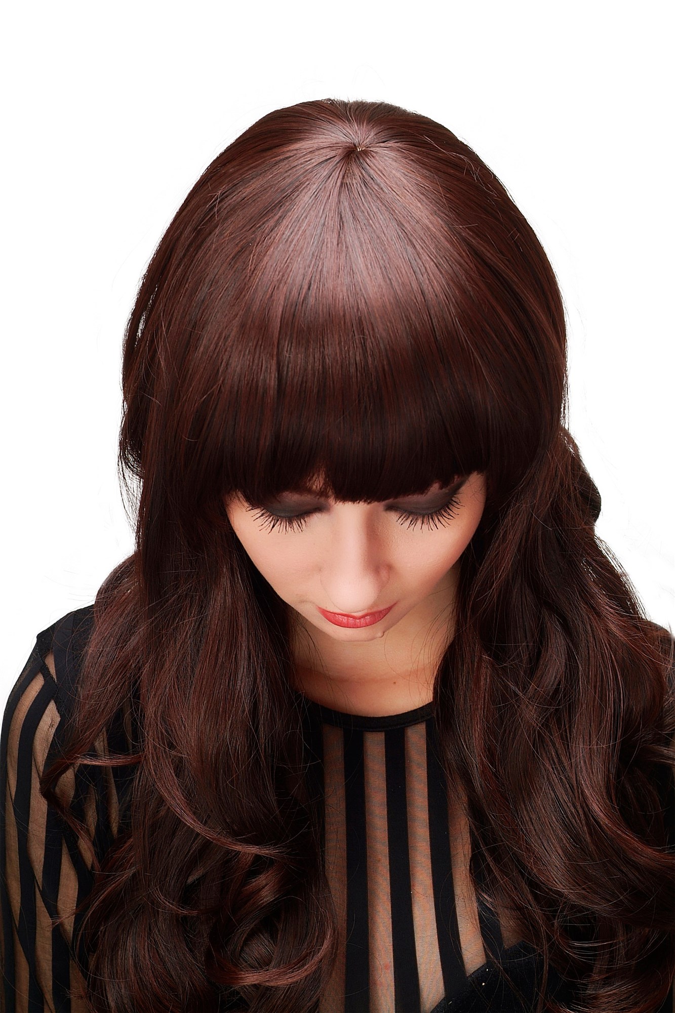 Lady  Wig LONG straight slightly wavy cute bangs fringe DARK BROWN + strands mahogany, view 5, WIG ME UP: Your Perücken Online Shop Quality Wigs, Ladies, Brown, wavy, long