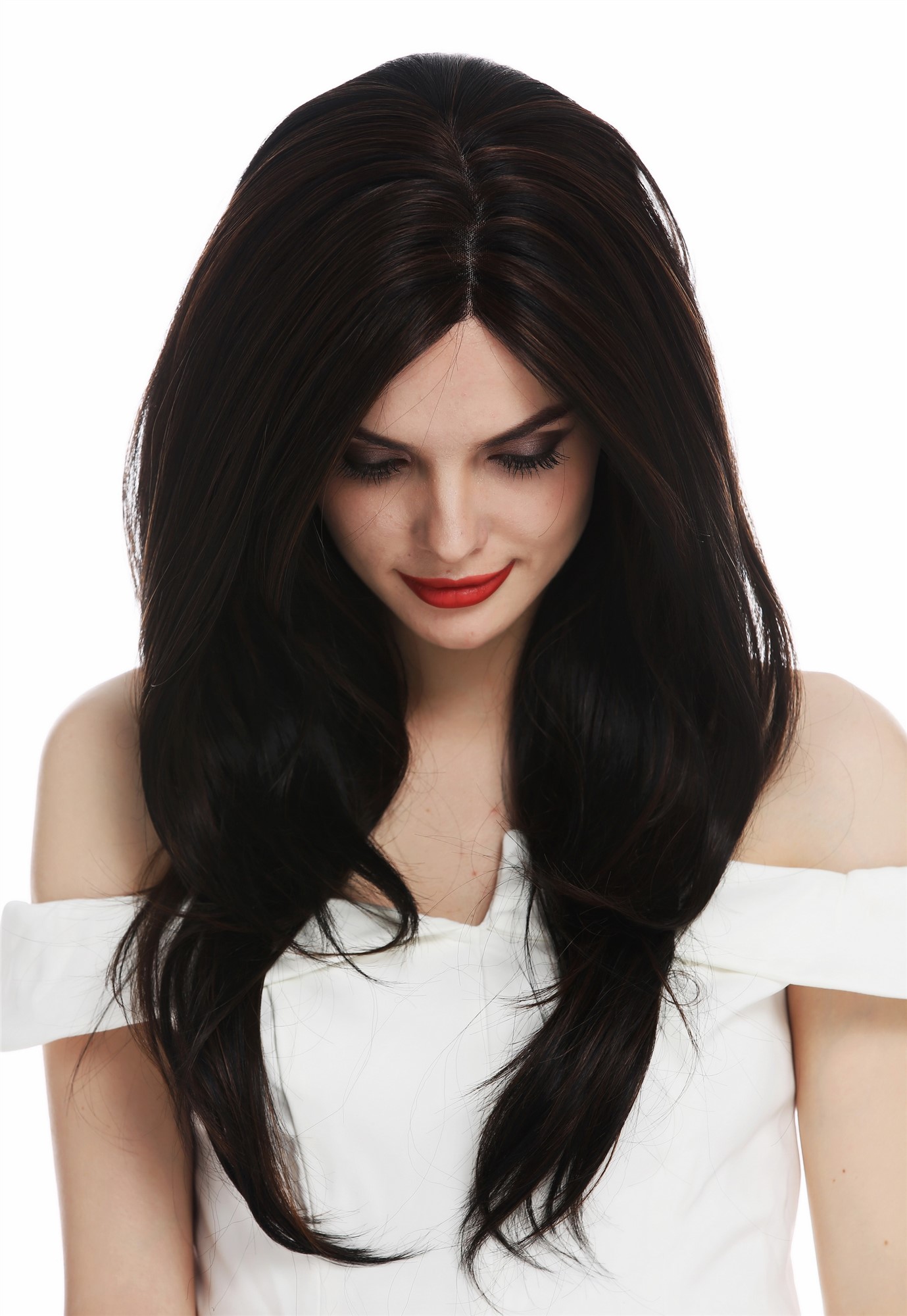 hochwertige Qualitätsperücken, Perücke Lace-Front Monofilament lang sleek glatt schwarzbraun kupferbraun gesträhnt DW2768-MF-2H30, Ansicht 5, WIG ME UP: Ihr Perücken Online Shop glatte Tressen-Perücke mit Teil-Mono Oberkopf, Front-Lace Schwarz-Braun-Mix lange Haare für Damen