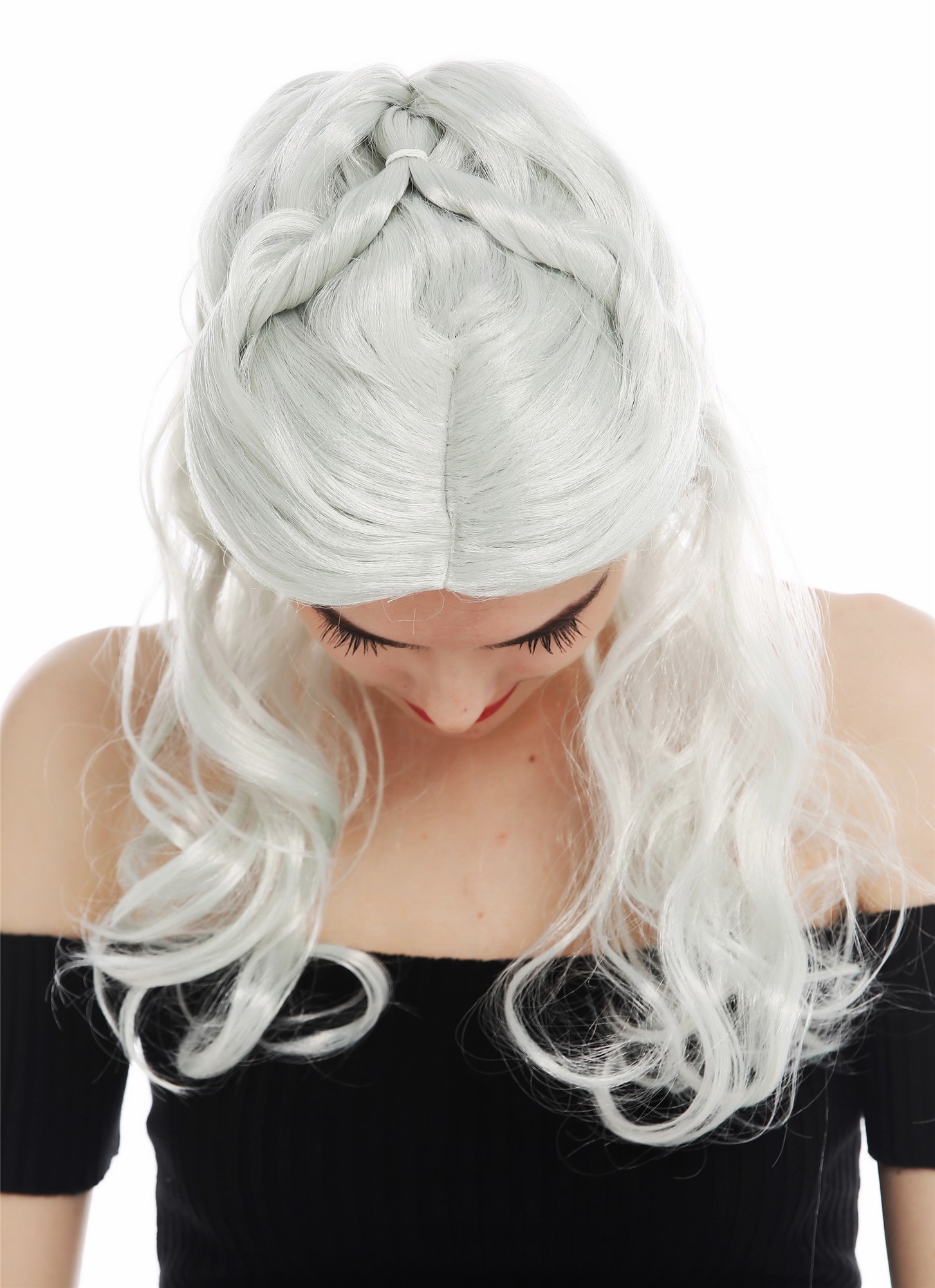 Wig carnival women Halloween long plaited silver white grey fantasy LARP 31955, view 6, WIG ME UP: Your Perücken Online Shop Party Wig, Ladies, white-gray-lime green mix, Braided, shoulder-length