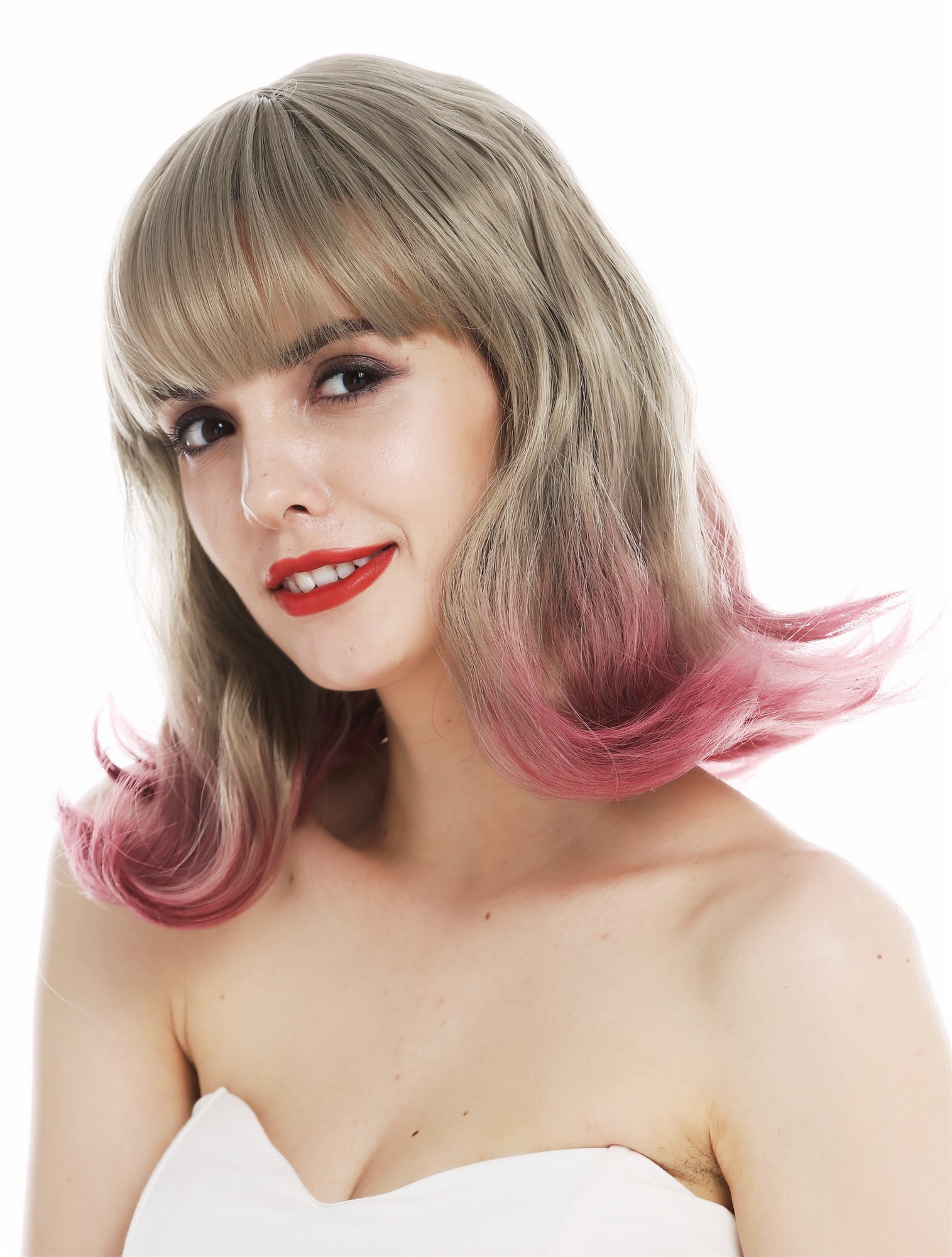 glatte Tressen-Perücke mit Kopfhaut-Imitat Blond-Rosa-Mix schulterlange Haare für Damen