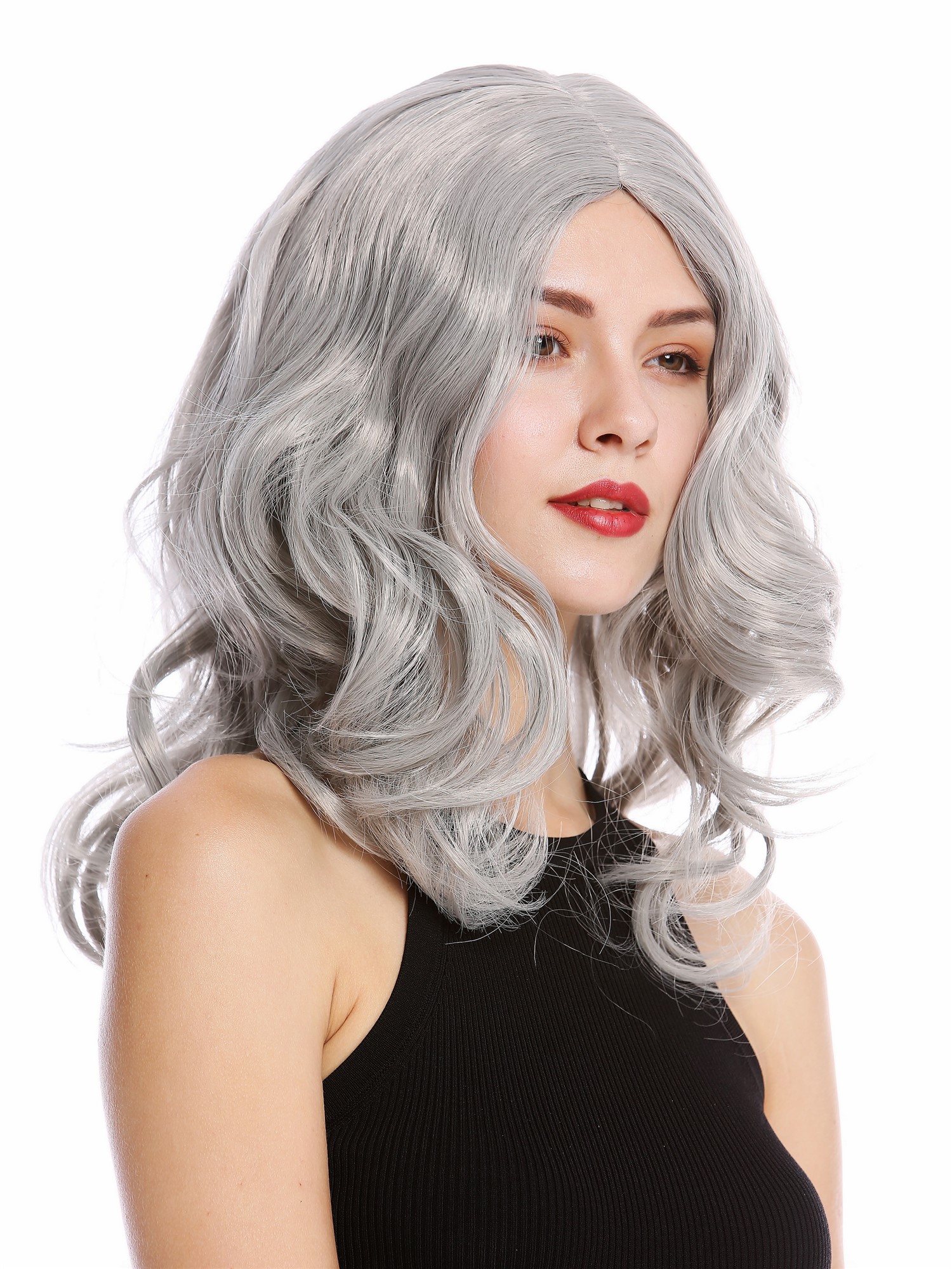 Lady party wig long wavy middle-parting light silvery gray grey Halloween 90831, front view, WIG ME UP: Your Perücken Online Shop Party Wig, Ladies, Grey, wavy, long