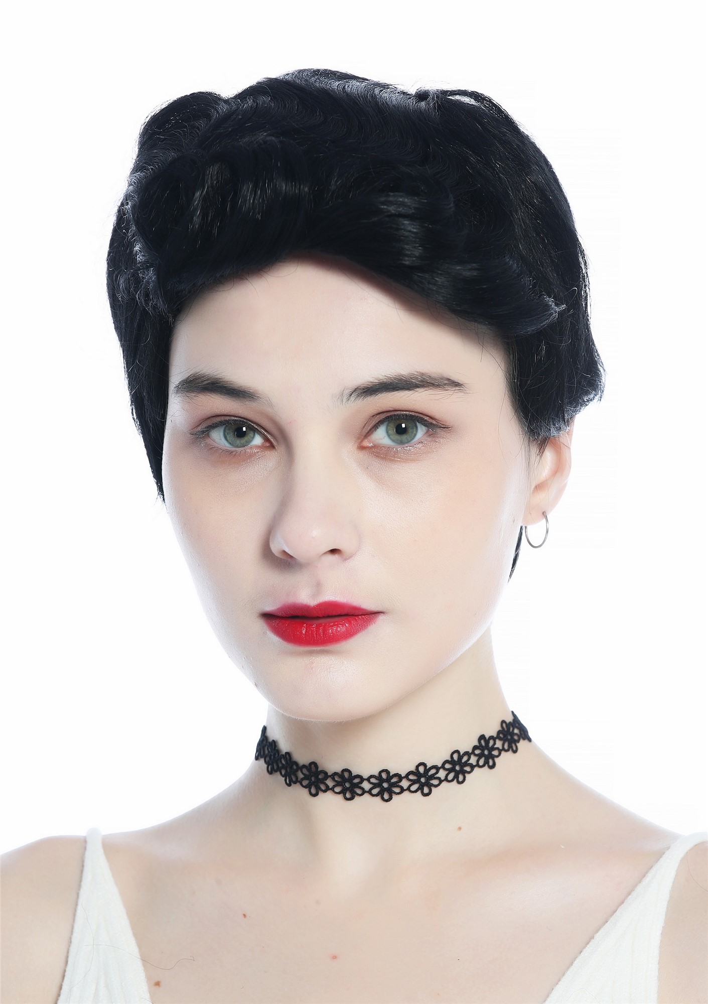 hochwertige Qualitätsperücken, Perücke unisex kurz glatt gelockte Tolle Schwarz DW3333-1, Ansicht 3, WIG ME UP: Ihr Perücken Online Shop lockige Tressen-Perücke Schwarz kurze Haare für Unisex