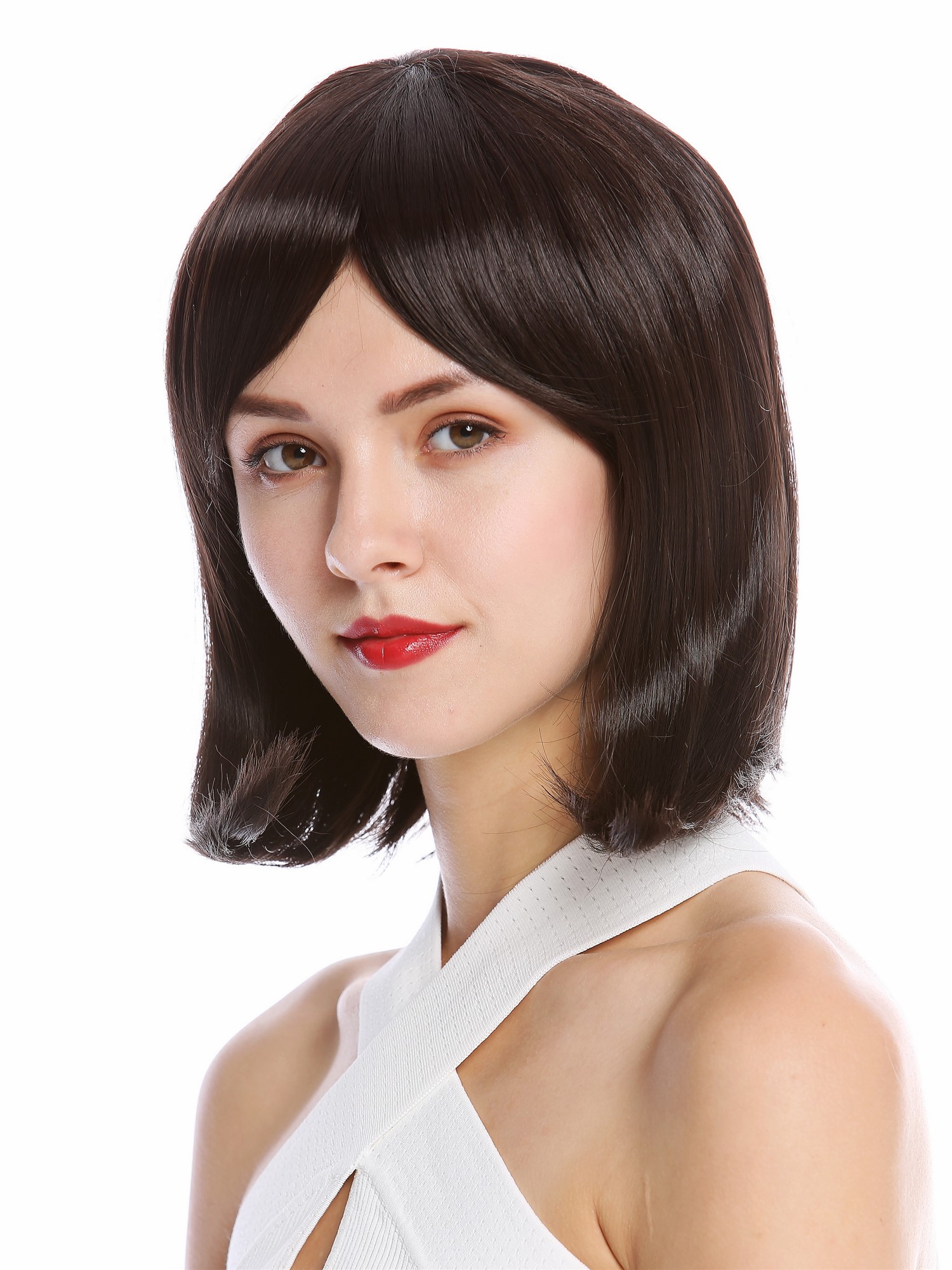 hochwertige Qualitätsperücken, Perücke kurz Longbob Pony glatt Braun YZF-4366-M2, Ansicht 3, WIG ME UP: Ihr Perücken Online Shop glatte Tressen-Perücke mit Kopfhaut-Imitat Dunkelbraun kurze Haare für Damen