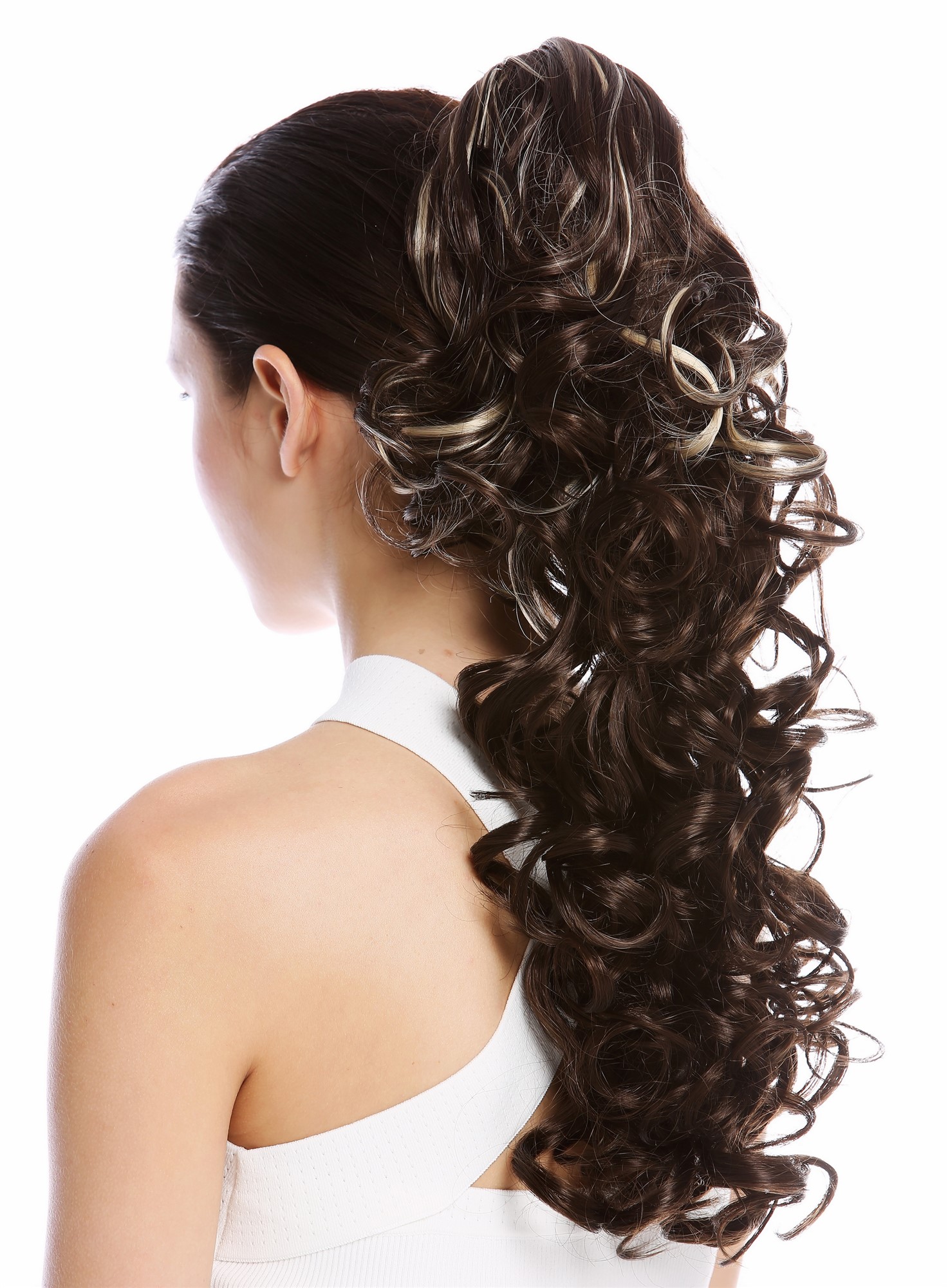 Ponytail Combs Clamp long voluminous curled curls brown blond streaked tips N956, front view, WIG ME UP: Your Perücken Online Shop Ponytails, brown-blonde mix, curled, long