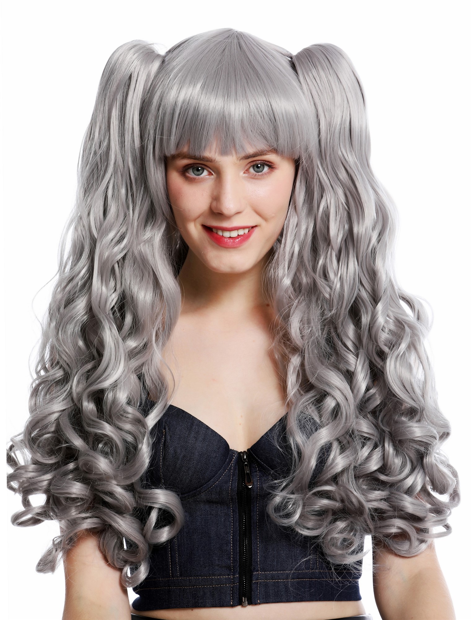 hochwertige Qualitätsperücken, Perücke Cosplay Lang Zöpfe Grau Hellgrau YZF-7092L+A-T0906, Vorderansicht, WIG ME UP: Ihr Perücken Online Shop lockige Tressen-Perücke mit Kopfhaut-Imitat Hellgrau lange Haare für Damen