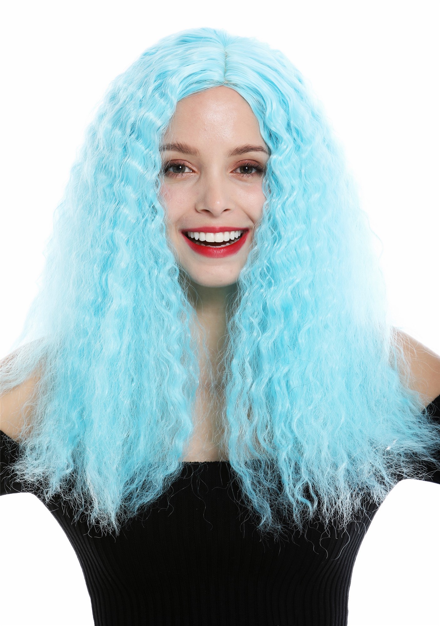Lady wig very long voluminous frizzy curls middle parting blue fairy YZF-7304, front view, WIG ME UP: Your Perücken Online Shop Quality Wigs, Ladies, ice blue, curled, long
