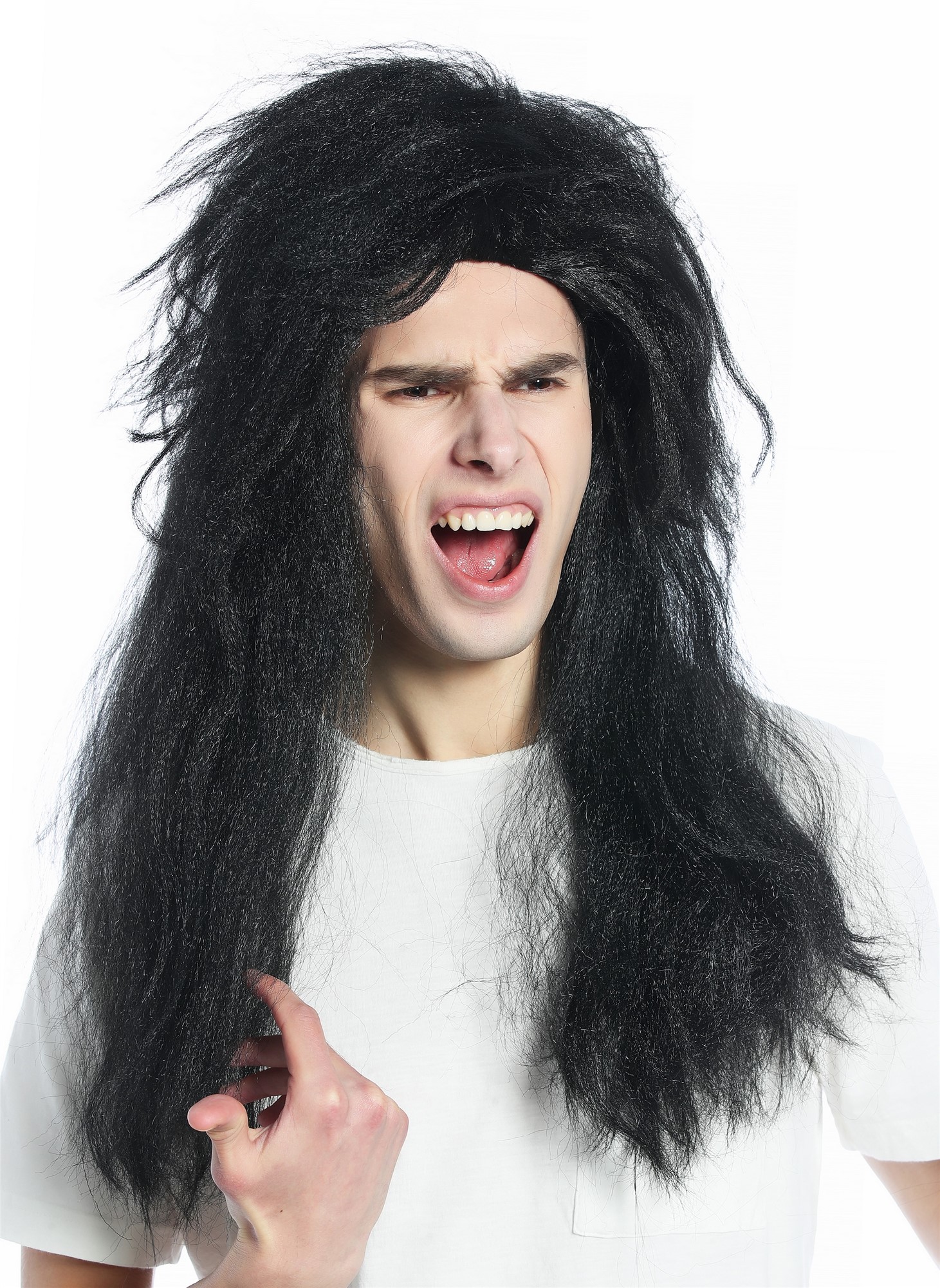 Halloween Wig 80s Retro Hair Metal Hard Rock Goth long voluminous black CW-019, front view, WIG ME UP: Your Perücken Online Shop Party Wig, Unisex, Black, wavy, long