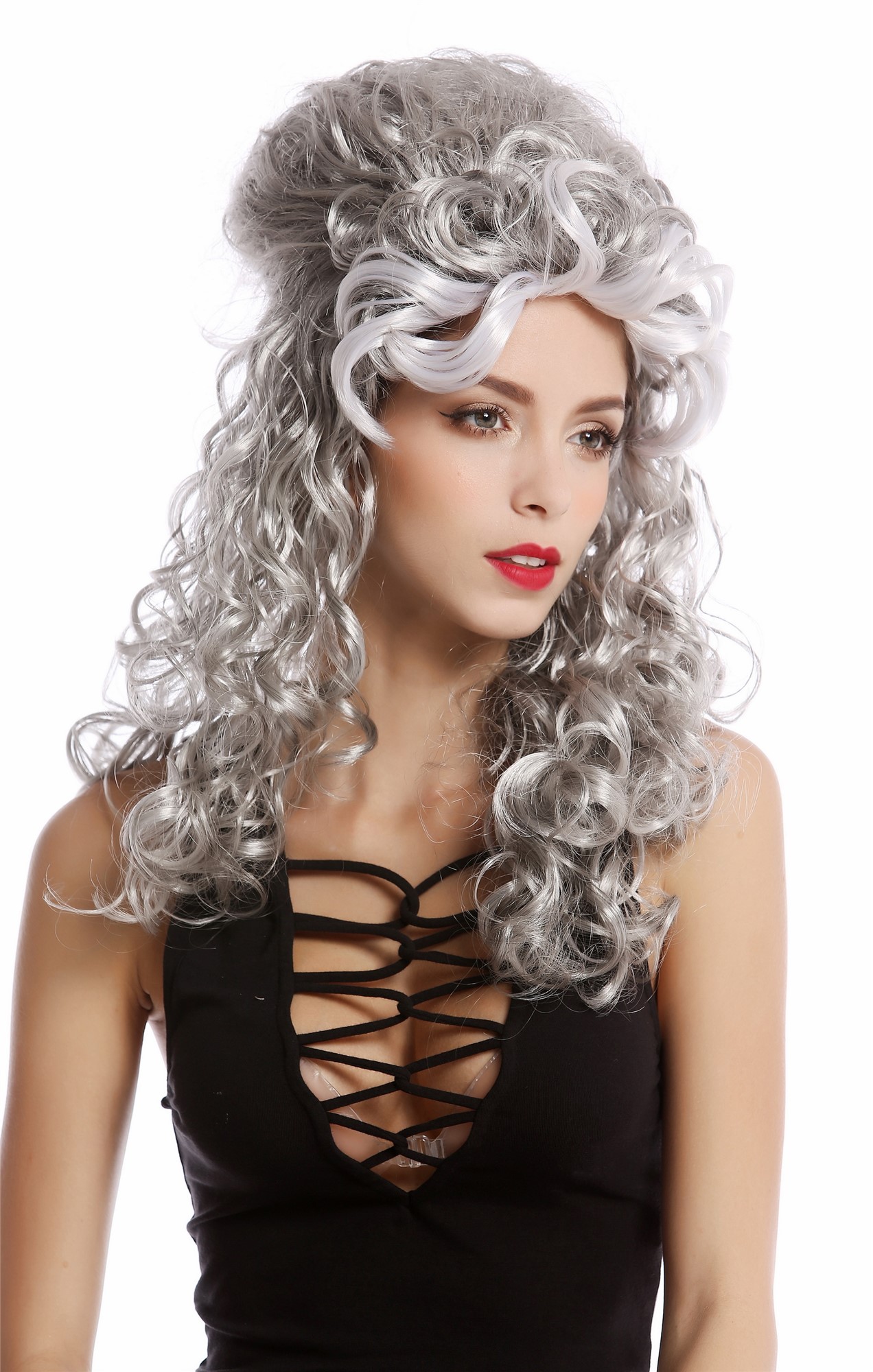 Wig Ladies Women Cosplay Baroque Renaissance Beehive long curls black silvery grey white streaks, view 4, WIG ME UP: Your Perücken Online Shop Party Wig, Ladies, Grey, curled, long