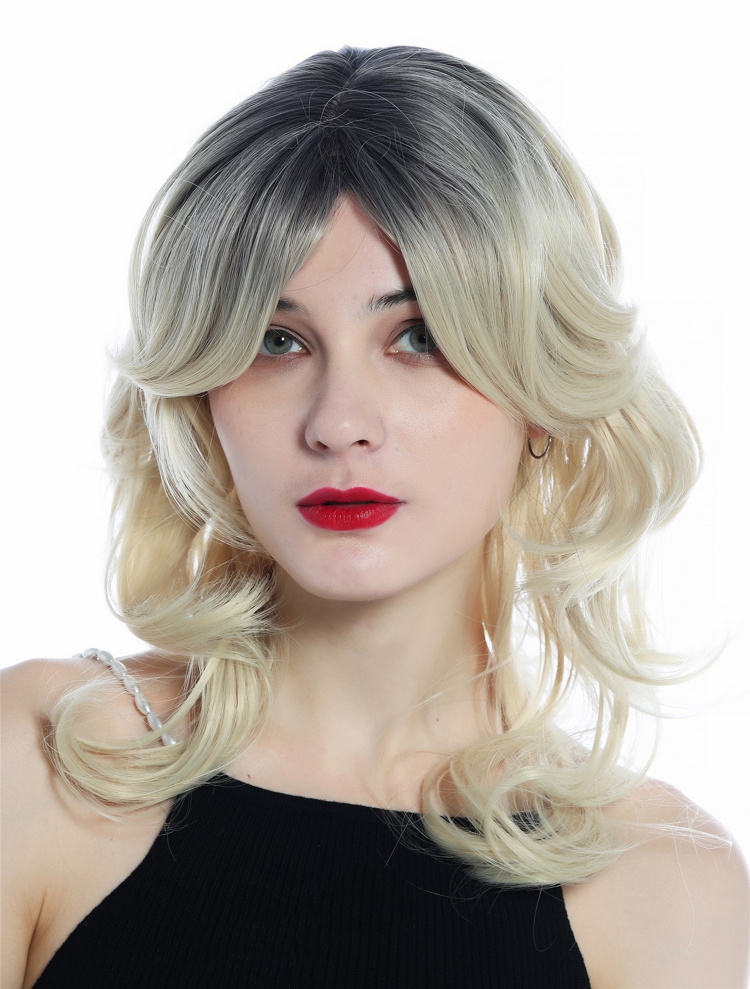Lady wig shoulder length wavy slight curls bright blond dark roots ombre SZL0667, front view, WIG ME UP: Your Perücken Online Shop Quality Wigs, Ladies, gray-blue-platinum blonde gradient, wavy, shoulder-length