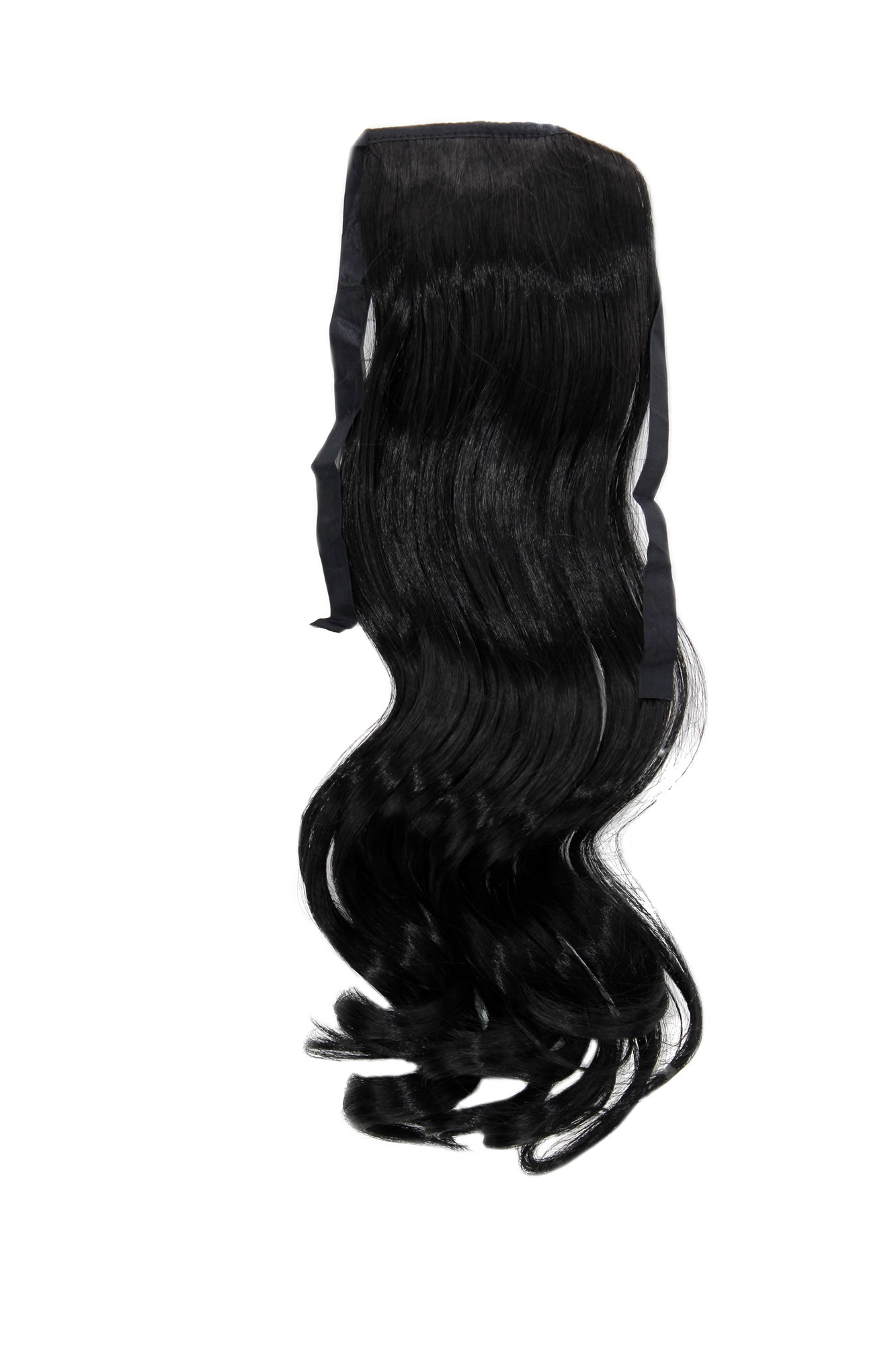 YZF-TC18-1 Hairpiece Pontail Pigtail extension slim light wavy comb and ribbon deep black 18", front view, WIG ME UP: Your Perücken Online Shop Ponytails, Black, wavy, shoulder-length