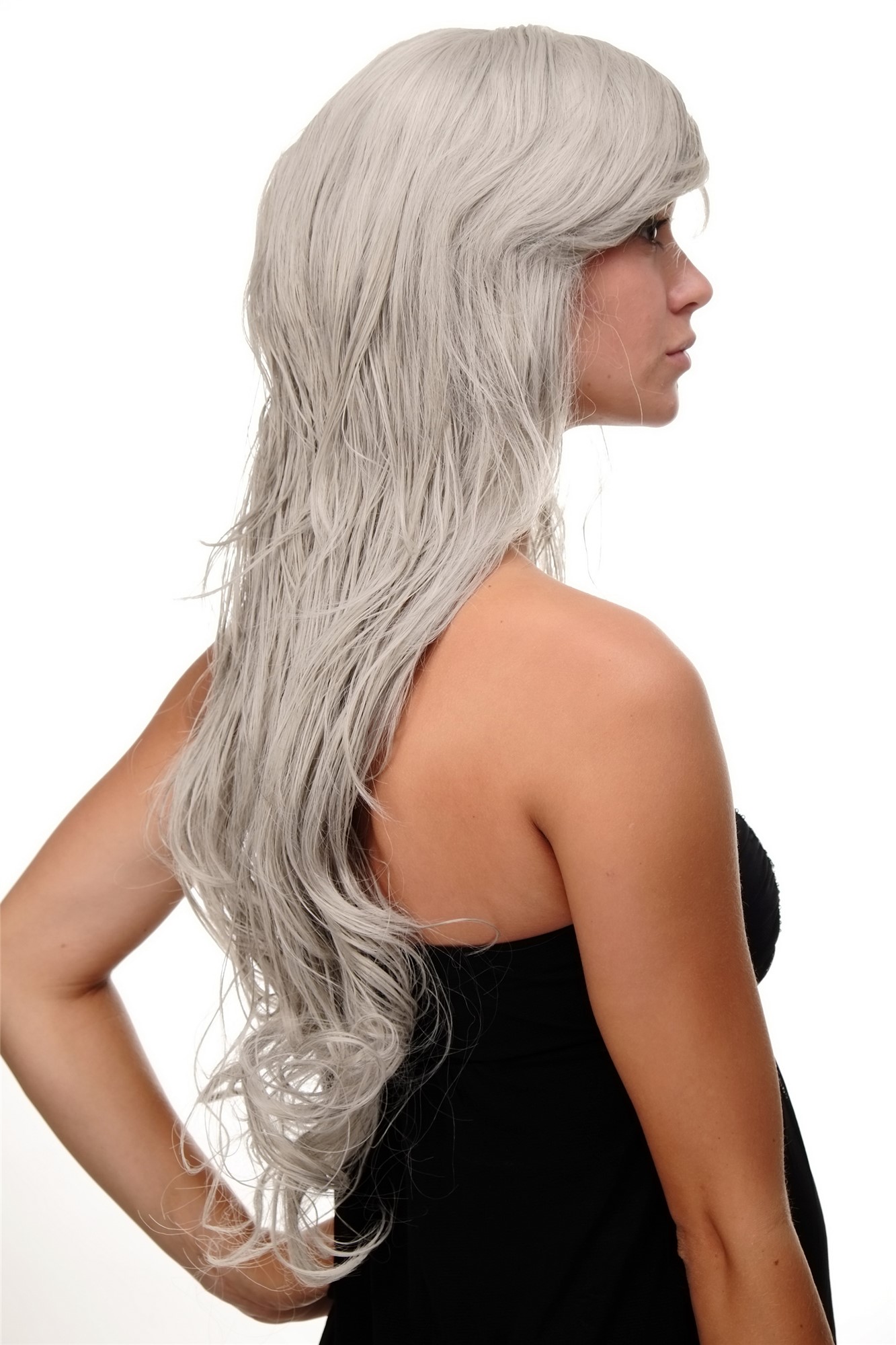 Lady  Wig wavy curly & slightly straggly ends wet-look long fringe (for side parting) grey, view 3, WIG ME UP: Your Perücken Online Shop Quality Wigs, Ladies, Grey, wavy, long