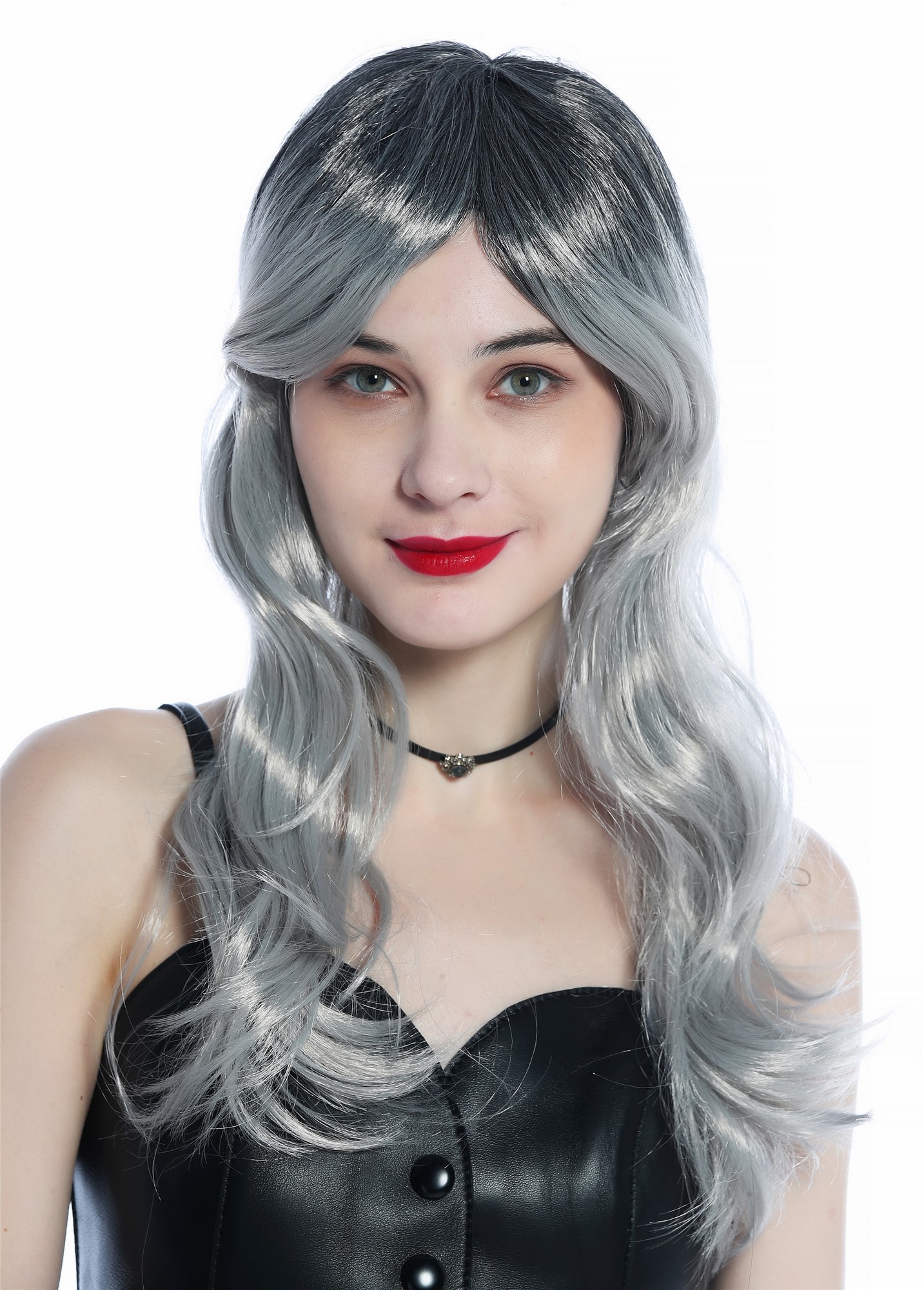 Long Wavy Lady Wig Halloween Carnival Ombre colour black to silver grey 21014, view 2, WIG ME UP: Your Perücken Online Shop Party Wig, Ladies, Black gradient in silver gray, wavy, long