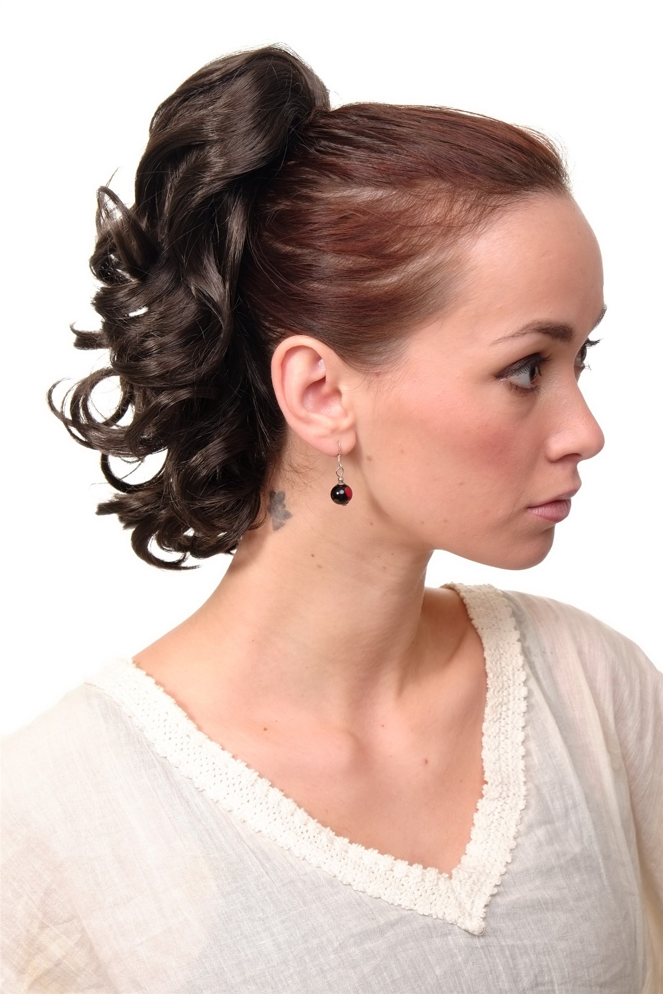 hochwertiges Haarteil gewellt halblang 1 Kamm + Gummizug Schokoladenbraun Modell: JL-3023, Ansicht 3, WIG ME UP: Ihr Perücken Online Shop welliges Zopf-Haarteil Dunkelbraun 35 cm lang