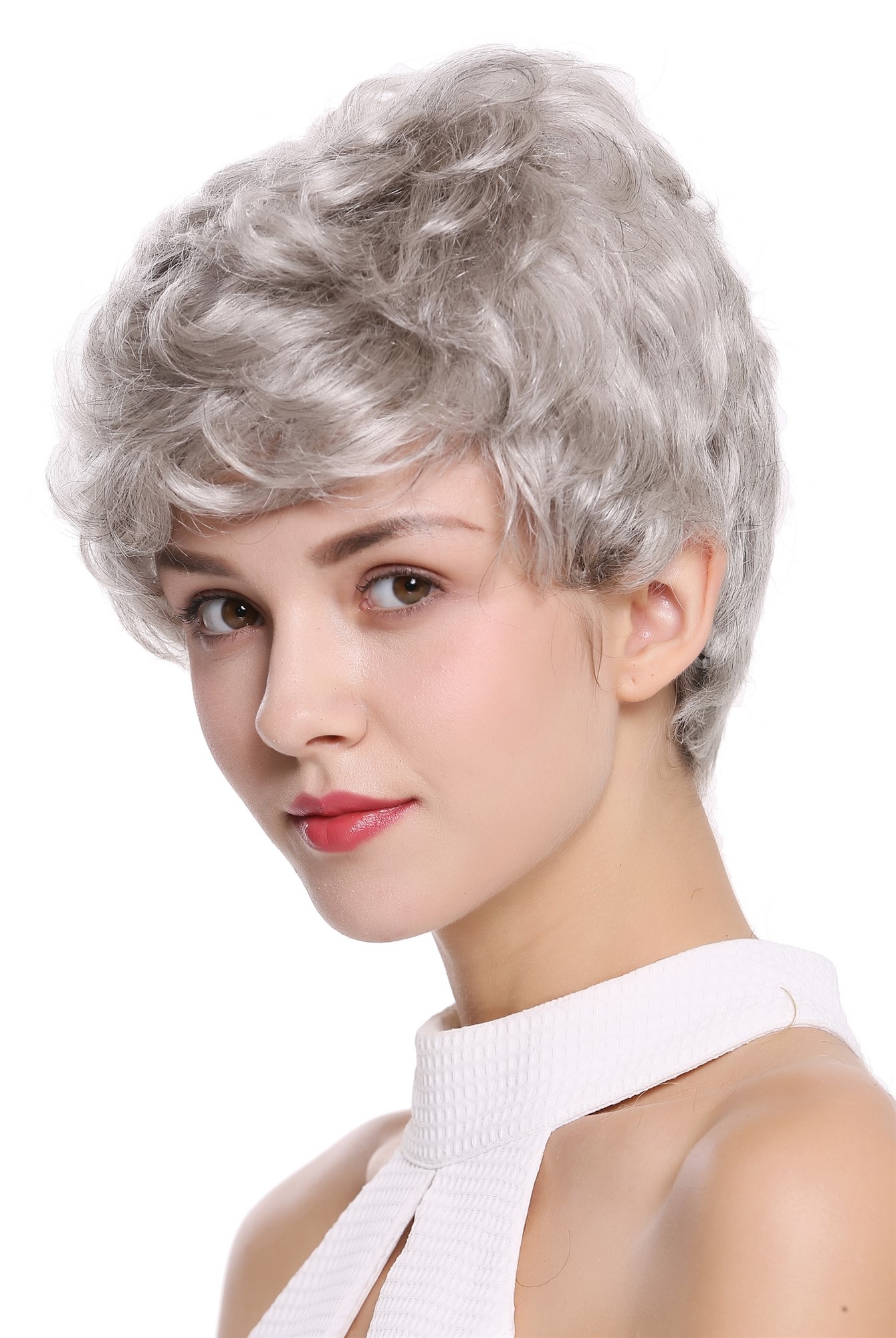 Lady wig real human hair women short wavy stylish silver grey gray NG-HH, view 2, WIG ME UP: Your Perücken Online Shop Quality Wigs, Unisex, silver gray with a small amount of black, wavy, short, 100% Human Hair