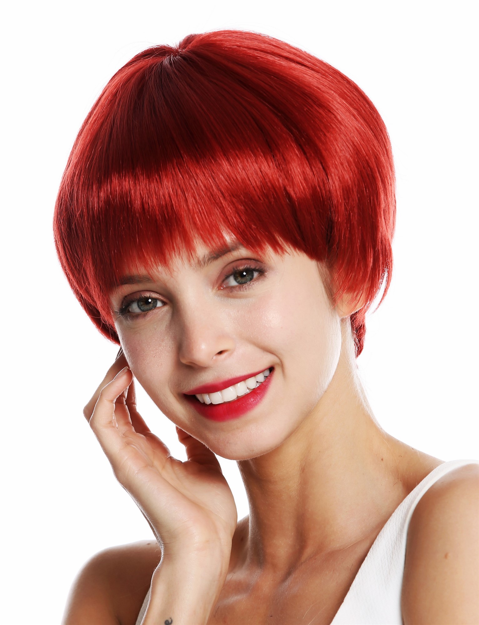 hochwertige Qualitätsperücken, Perücke kurz Page Pagenschnitt Rot Kupferrot VK-53-135, Vorderansicht, WIG ME UP: Ihr Perücken Online Shop glatte Tressen-Perücke mit Kopfhaut-Imitat Kupferrot kurze Haare für Damen
