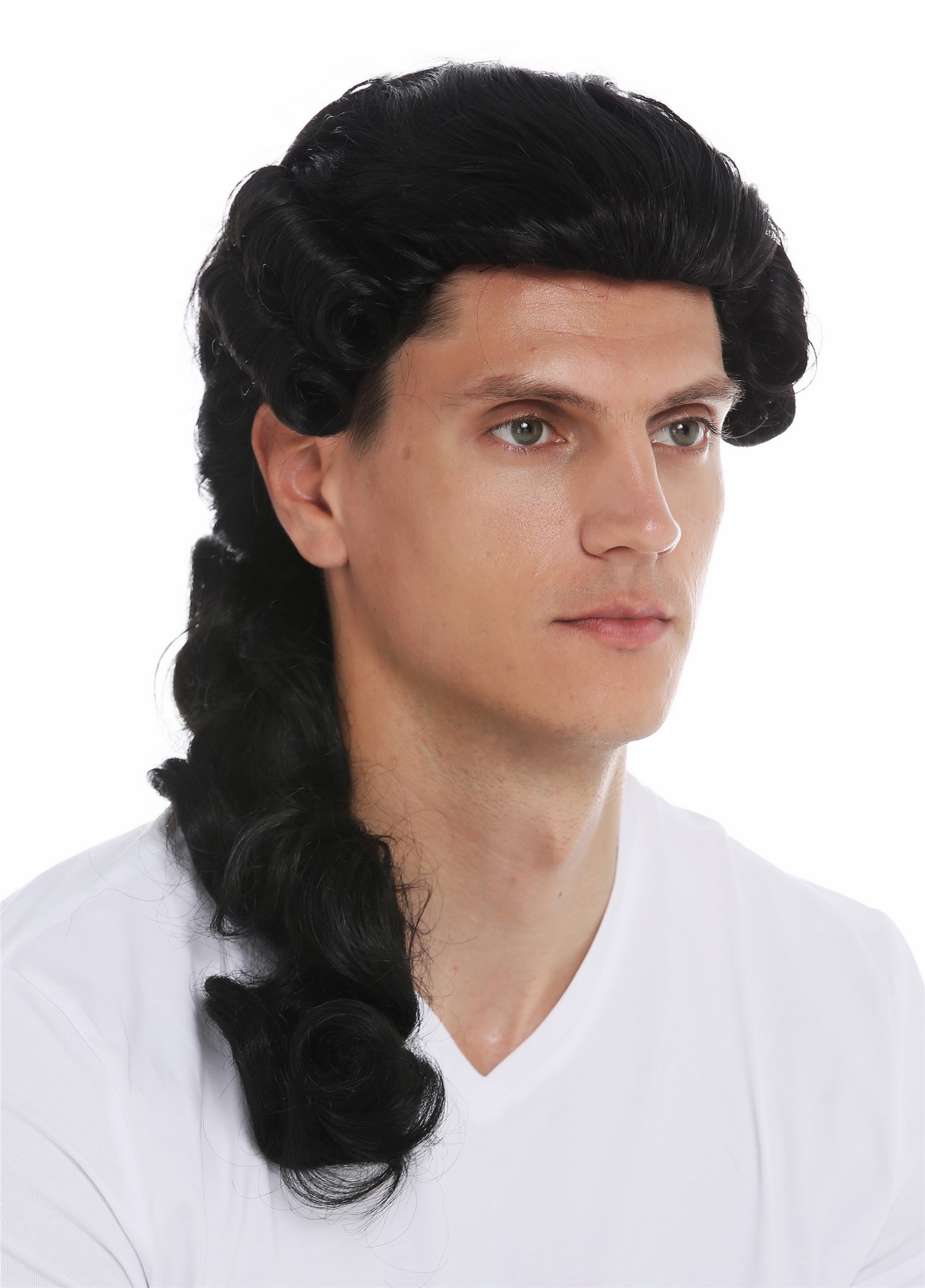 hochwertige Qualitätsperücken, Perücke Barock Edelmann Zopf Schwarz VK-31-1B, Vorderansicht, WIG ME UP: Ihr Perücken Online Shop wellige Tressen-Perücke Samtschwarz lange Haare für Herren