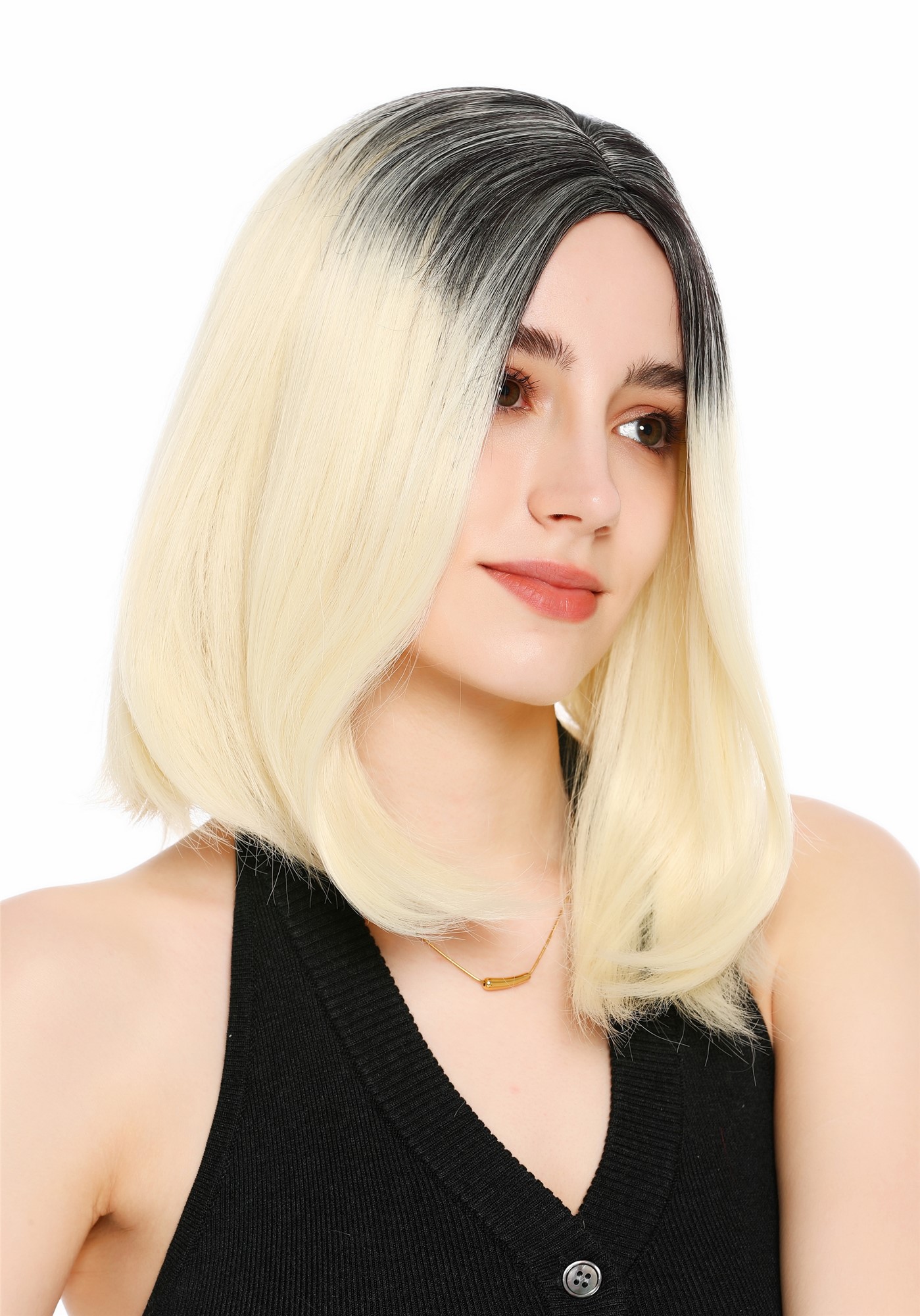 Perücke Damen Mittelscheitel schulterlang glatt Ombre Schwarz Hellblond GFW3977-88+4
