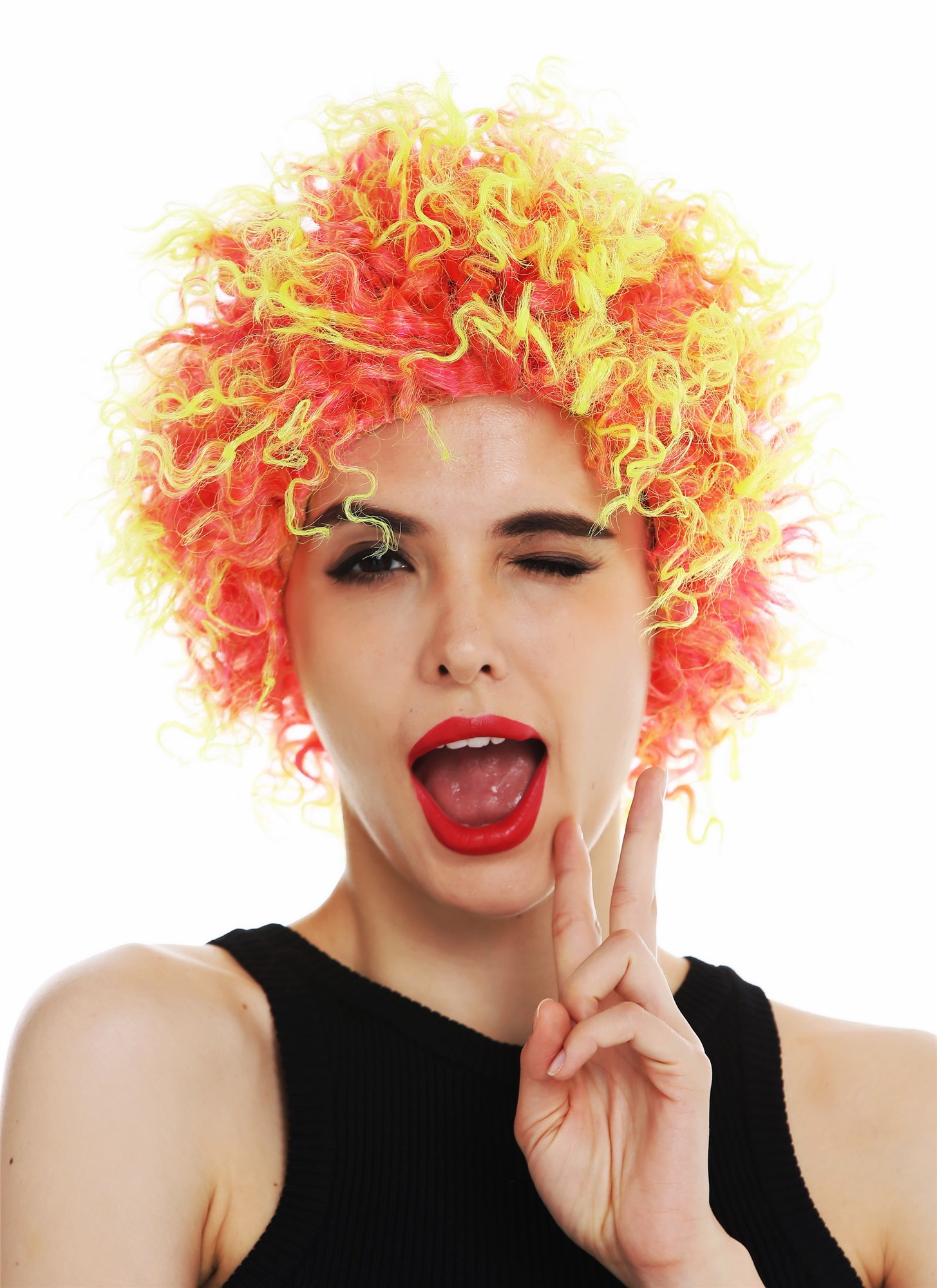 günstige Party Perücke, Perücke kurz lockig kraus rot gelb 31954-FR41-91, Ansicht 2, WIG ME UP: Ihr Perücken Online Shop lockige Party Perücke Pink-Neongelb-Mix kurze Haare Unisex