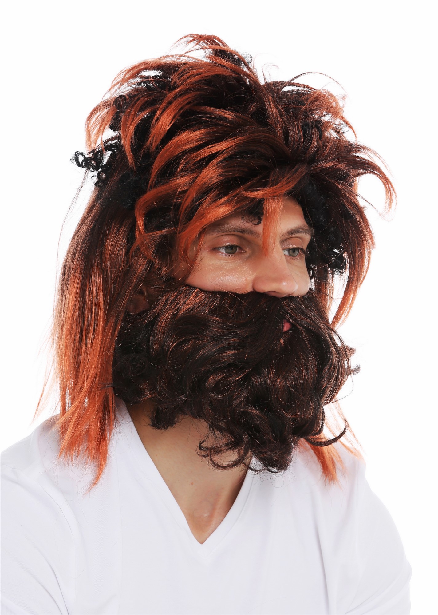 Wig & beard set men prehistoric neanderthal black red brown highlights DT9383, front view, WIG ME UP: Your Perücken Online Shop Party Wig, Men, deep black-copper red mix, wavy, shoulder-length