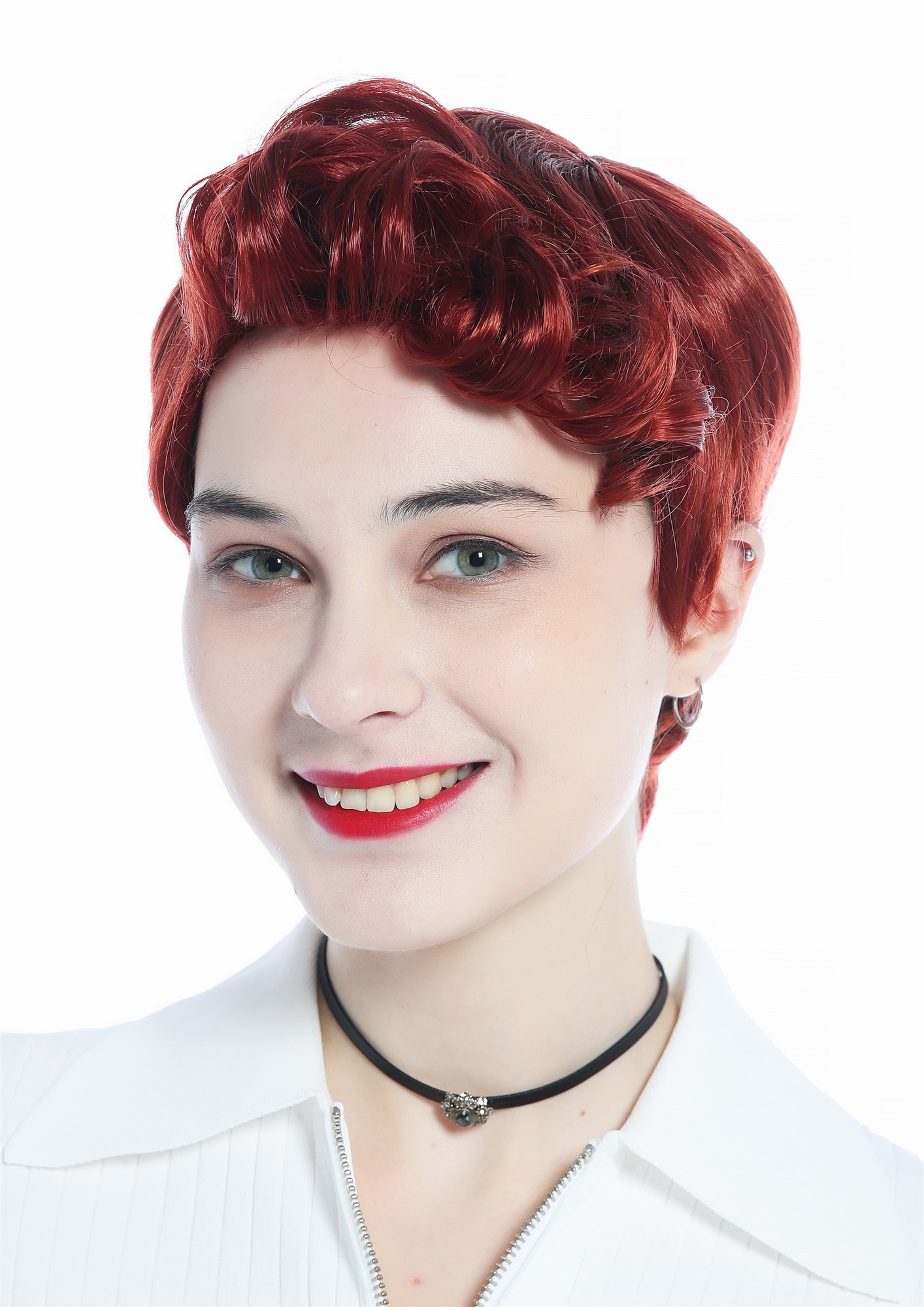 Wig Men Women unisex short straight curled quiff dark copper red DW3333, front view, WIG ME UP: Your Perücken Online Shop Quality Wigs, Unisex, copper, curled, short