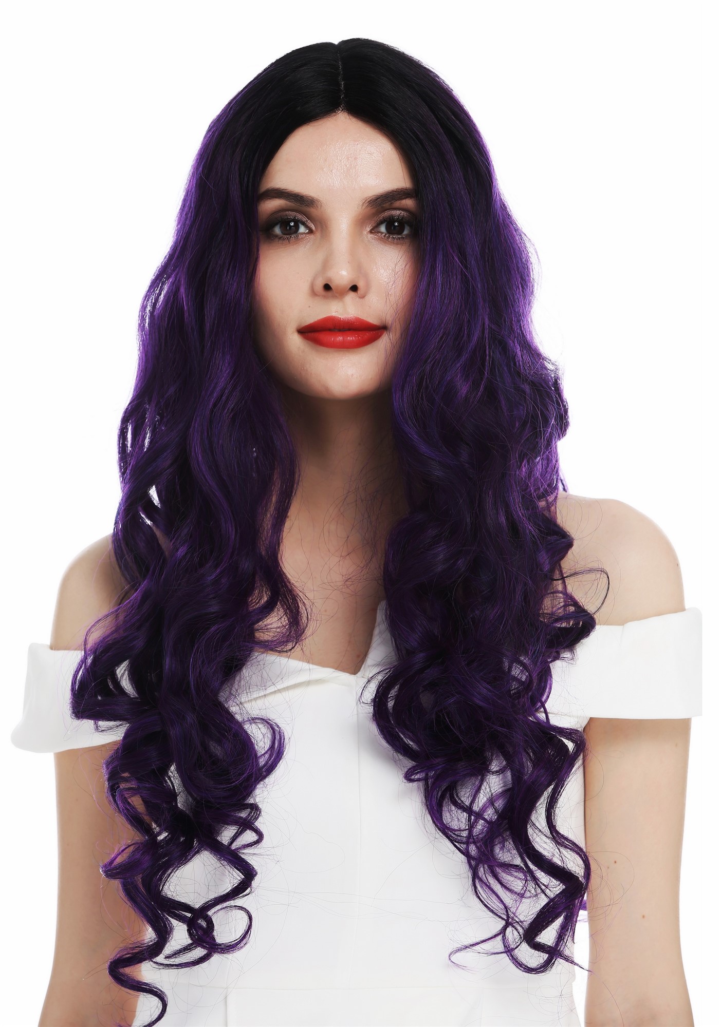hochwertige Qualitätsperücken, Perücke Lace-Front extrem lang voluminös gelockt Ombre Schwarz Violett DW2904-MF-PURPLEYS1B, Ansicht 2, WIG ME UP: Ihr Perücken Online Shop lockige Tressen-Perücke mit Teil-Mono Oberkopf, Front-Lace Violett-Schwarz-Mix sehr lange Haare für Damen