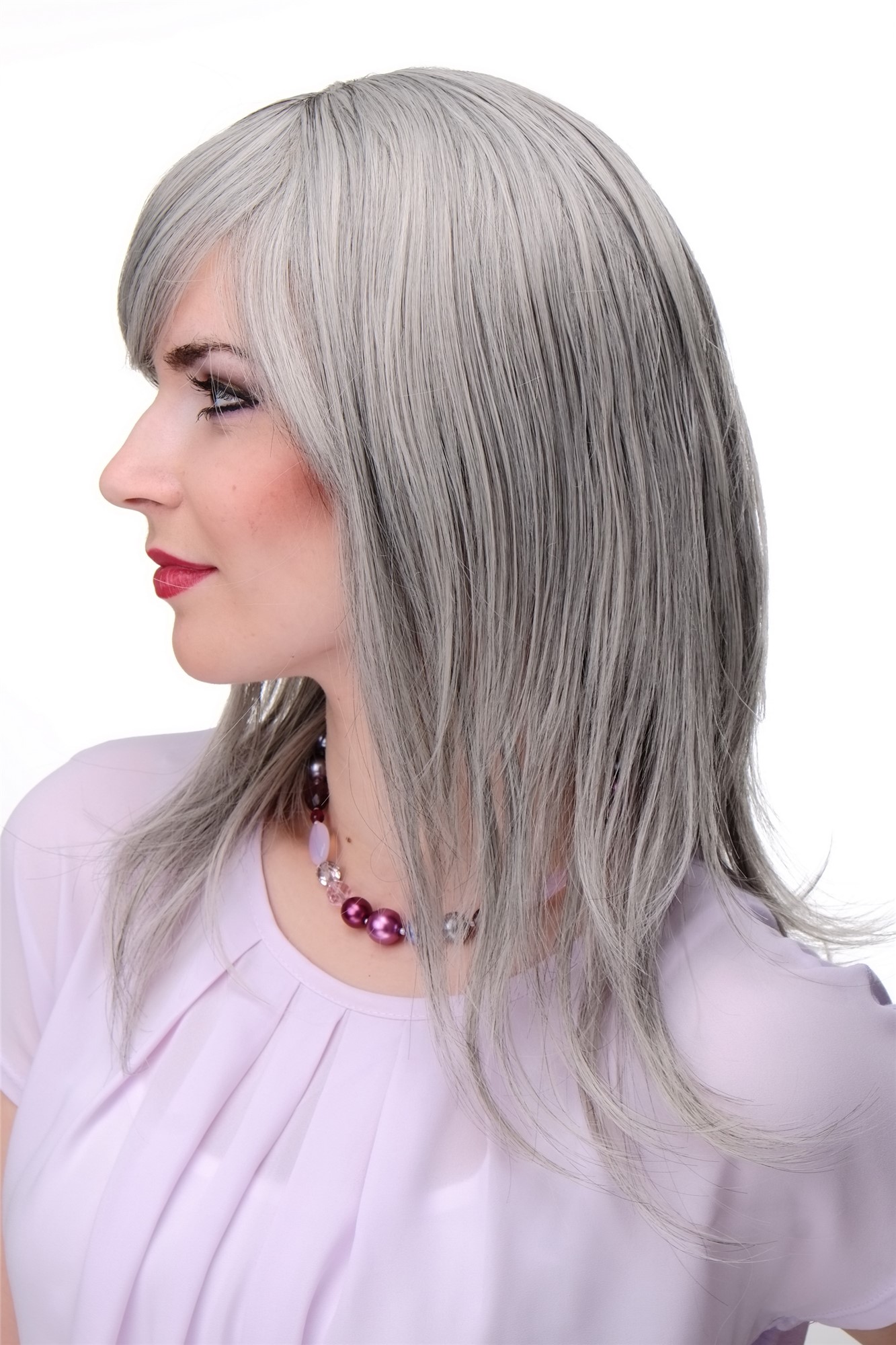 hochwertige Qualitätsperücken, Halblange Perücke glatt gestuftes Haar leichter Wetlook Grau 4038-51, Ansicht 2, WIG ME UP: Ihr Perücken Online Shop glatte Tressen-Perücke mit Kopfhaut-Imitat Grau lange Haare für Damen