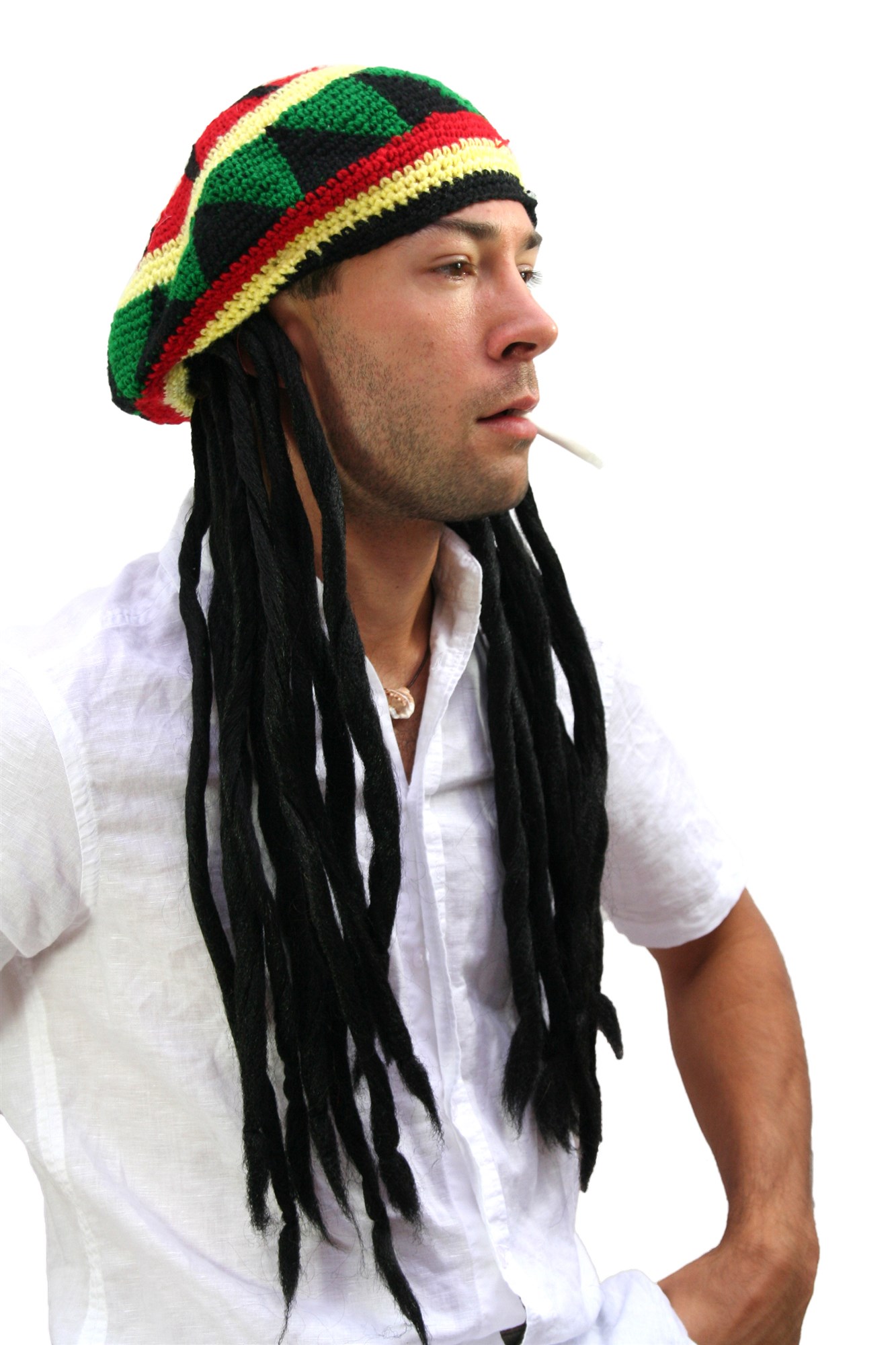 günstige Party Perücke, Rasta-Look Perücke Strickmütze mit Dreadlocks Reggae, Vorderansicht, WIG ME UP: Ihr Perücken Online Shop lockige Party Perücke Schwarz sehr lange Haare für Herren