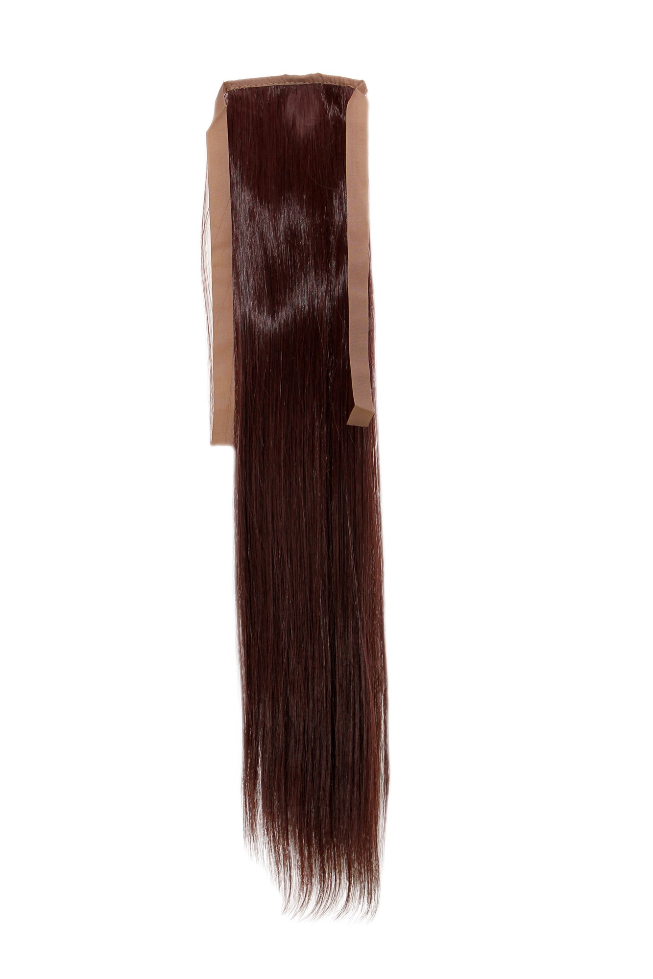 YZF-TS18-33 Hairpiece Pontail Pigtail extension slim light straight comb and ribbon dark auburn red brown, front view, WIG ME UP: Your Perücken Online Shop Ponytails, chestnut brown, straight, shoulder-length