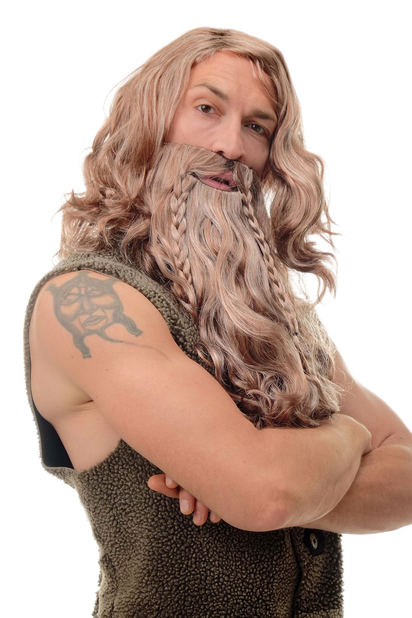 Man Fancy Dress Wig & Beard Set Viking Dwarf Barbarian Northman brown & grey mix wavy braided, front view, WIG ME UP: Your Perücken Online Shop Party Wig, Men, Brown, Braided, shoulder-length