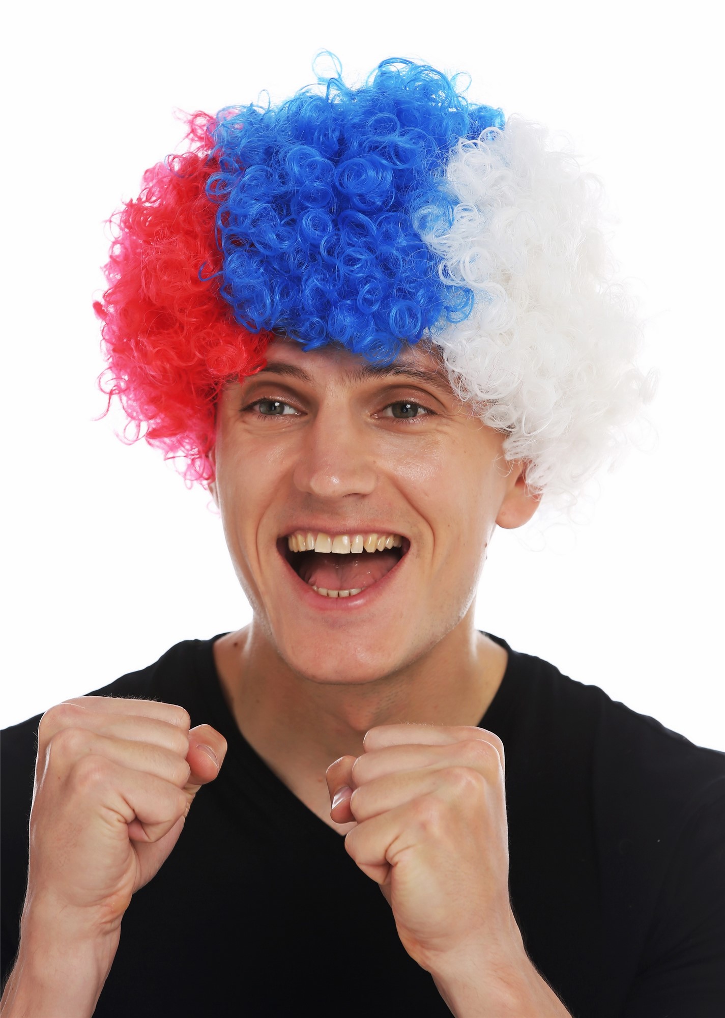 Fan wig carnival clown frizzy curls frizzy head red blue white afro MMAM-15M , front view, WIG ME UP: Your Perücken Online Shop Party Wig, Unisex, red-blue-white mix, curled, short