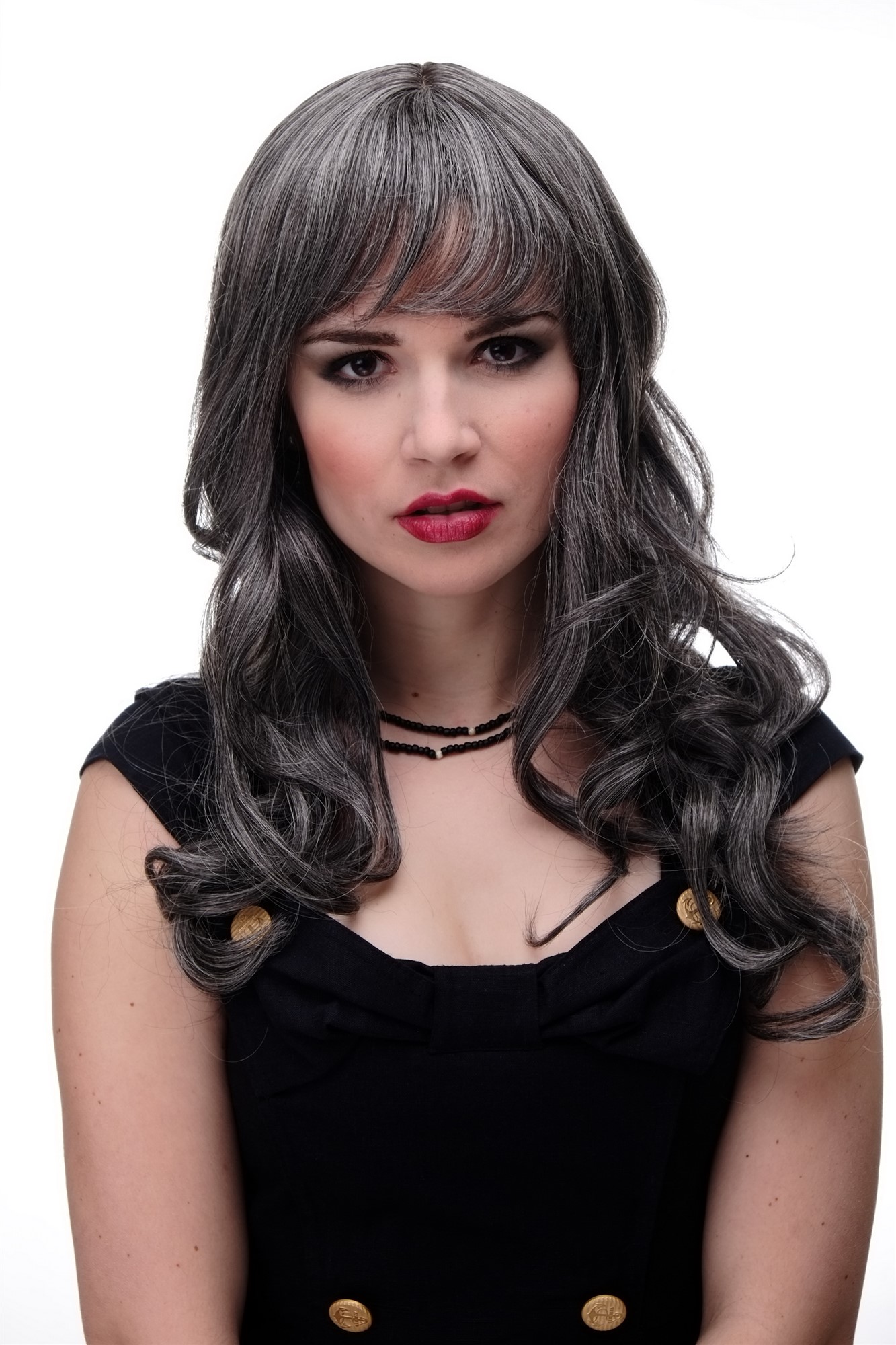 Lady wig very long curling tips straight top fringe bangs dark grey gray 285, front view, WIG ME UP: Your Perücken Online Shop Quality Wigs, Ladies, dark brown-gray mix, curled, long