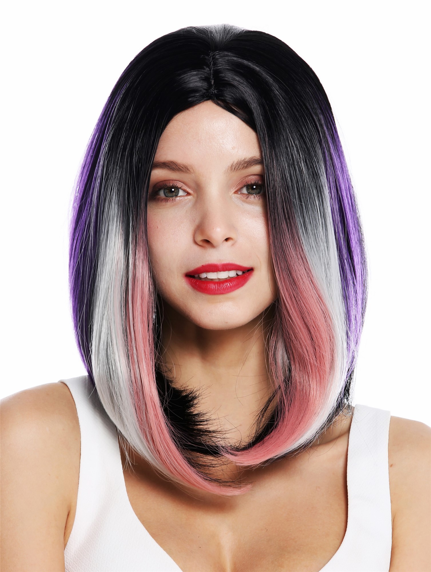 hochwertige Qualitätsperücken, Perücke kurz Longbob Mittelscheitel glatt Schwarz Lila Rosa Blond ZM-1769-Colorful, Ansicht 2, WIG ME UP: Ihr Perücken Online Shop glatte Tressen-Perücke mit Kopfhaut-Imitat Schwarz, Lila, Rosa, Blond Mix schulterlange Haare für Damen