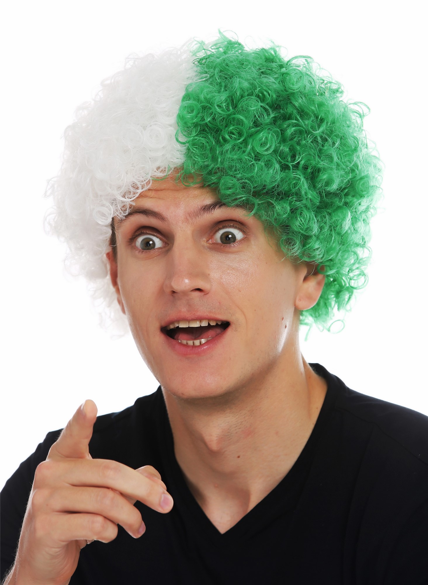 Fan wig carnival afro soccer football world cup white green half half MMAM-15M , view 2, WIG ME UP: Your Perücken Online Shop Party Wig, Unisex, green-white mix, curled, short