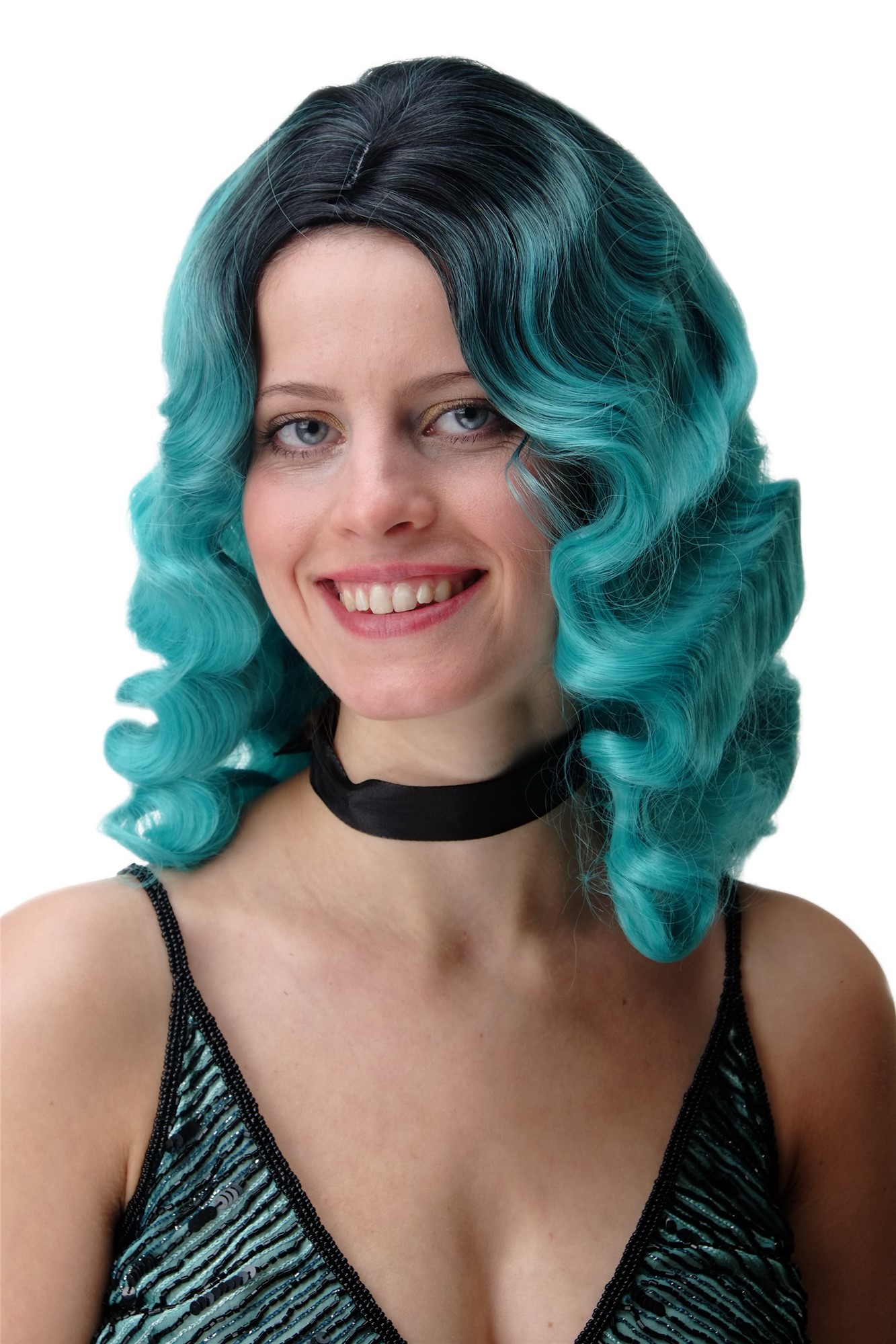 hochwertige Qualitätsperücken, Perücke Diva Wasserwelle Ombre Schwarz Türkis GFW1860-T5126+OMBRE, Vorderansicht, WIG ME UP: Ihr Perücken Online Shop wellige Tressen-Perücke mit Kopfhaut-Imitat Türkisgrün-Tiefschwarz-Mix schulterlange Haare für Damen